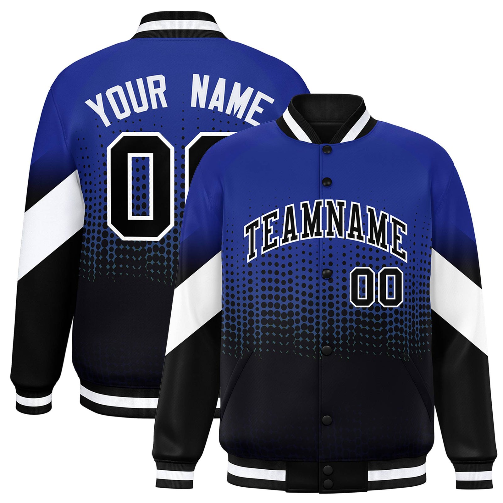 Custom Royal Blue Black Gradient Varsity Full-Snap Polka Dot Pattern Letterman Baseball Jacket