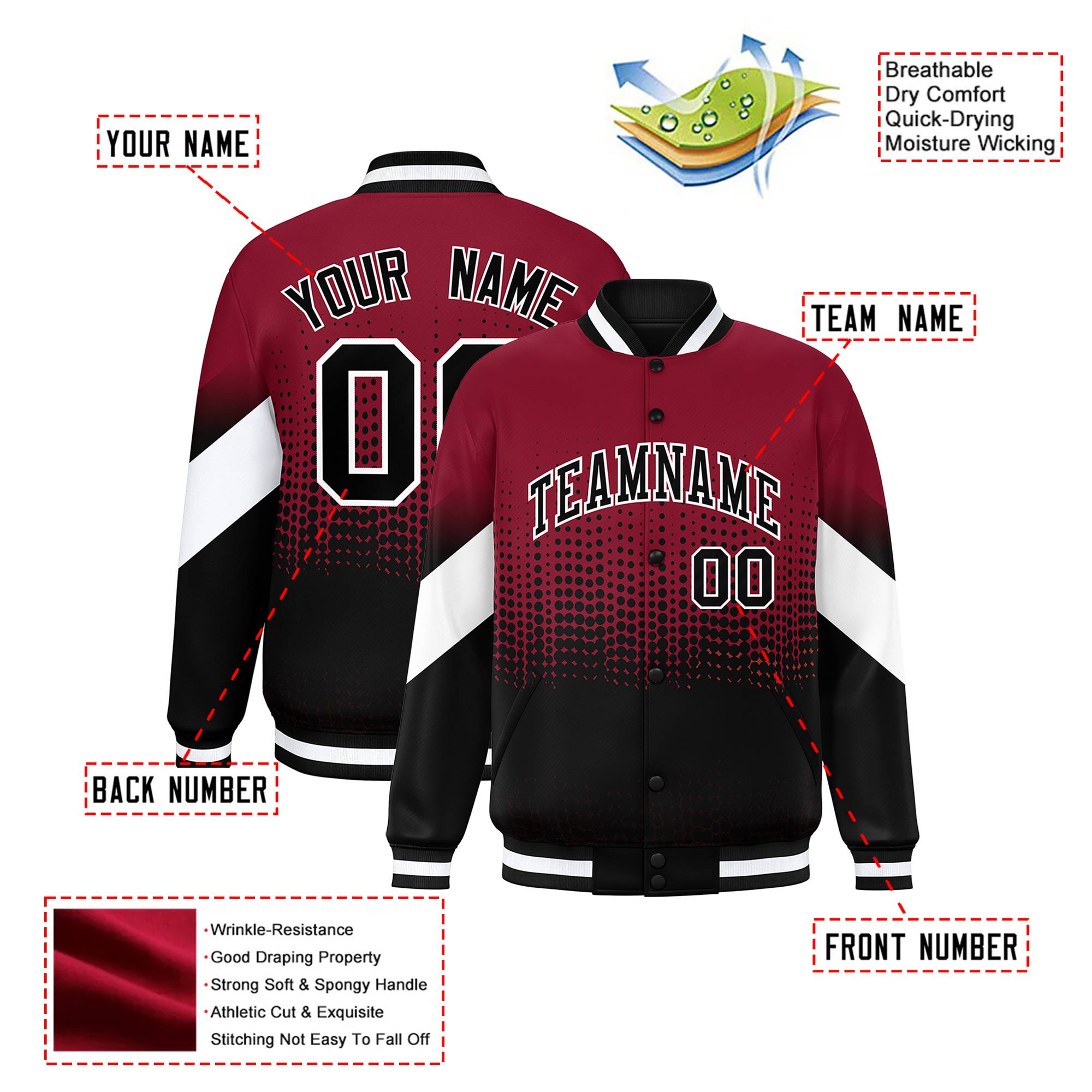 Custom Crimson Black Gradient Varsity Full-Snap Polka Dot Pattern Letterman Baseball Jacket