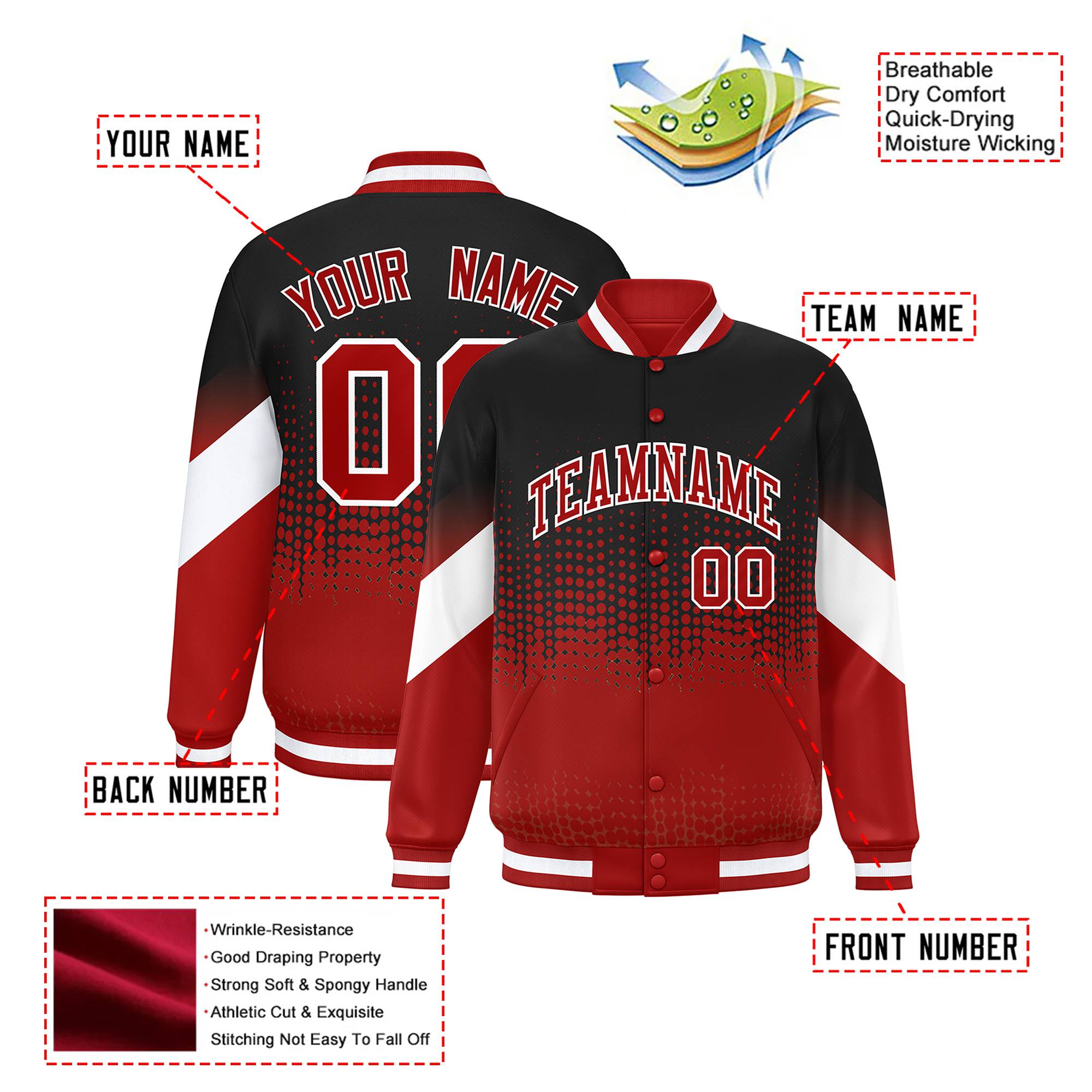 Custom Black Red Gradient Varsity Full-Snap Polka Dot Pattern Letterman Baseball Jacket