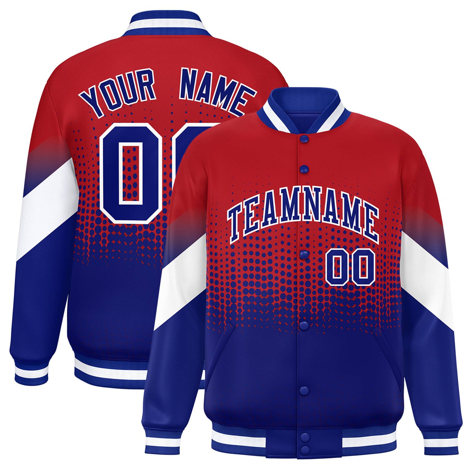Custom Red Royal Blue Gradient Varsity Full-Snap Polka Dot Pattern Letterman Baseball Jacket