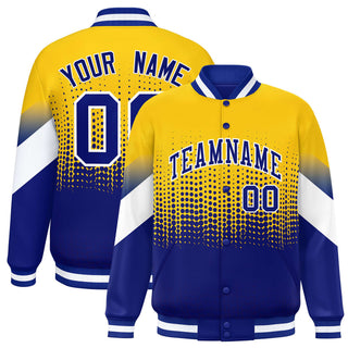 Chaqueta de béisbol universitaria con estampado de lunares y cierre completo en azul real dorado degradado, personalizada - Estilo 1