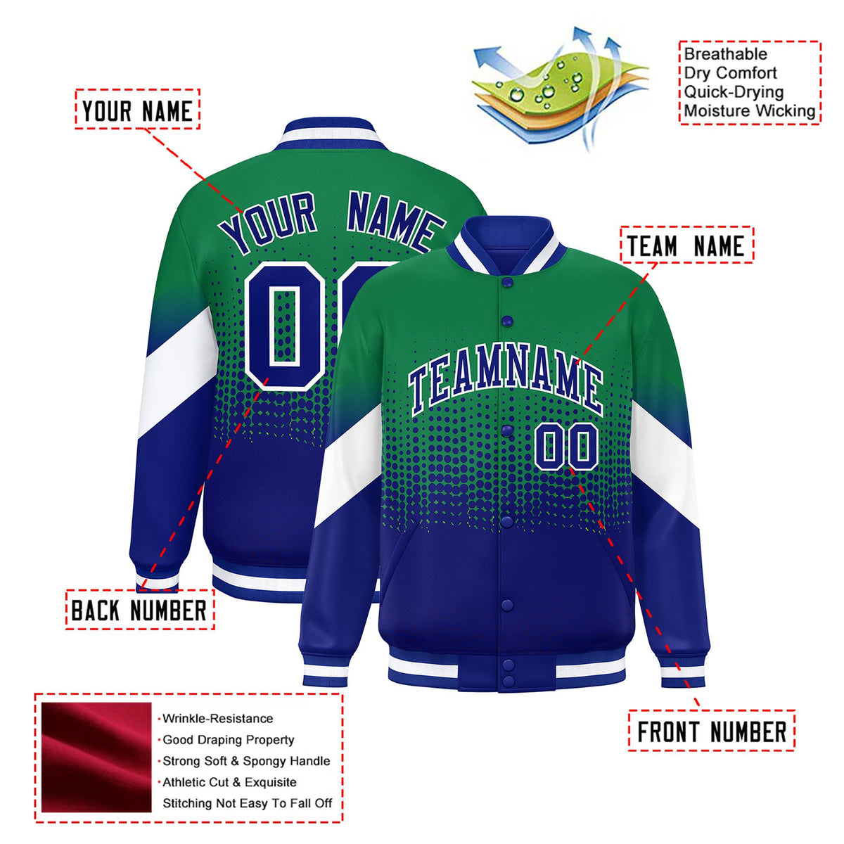 Custom Kelly Green Royal Blue Gradient Varsity Full-Snap Polka Dot Pattern Letterman Baseball Jacket