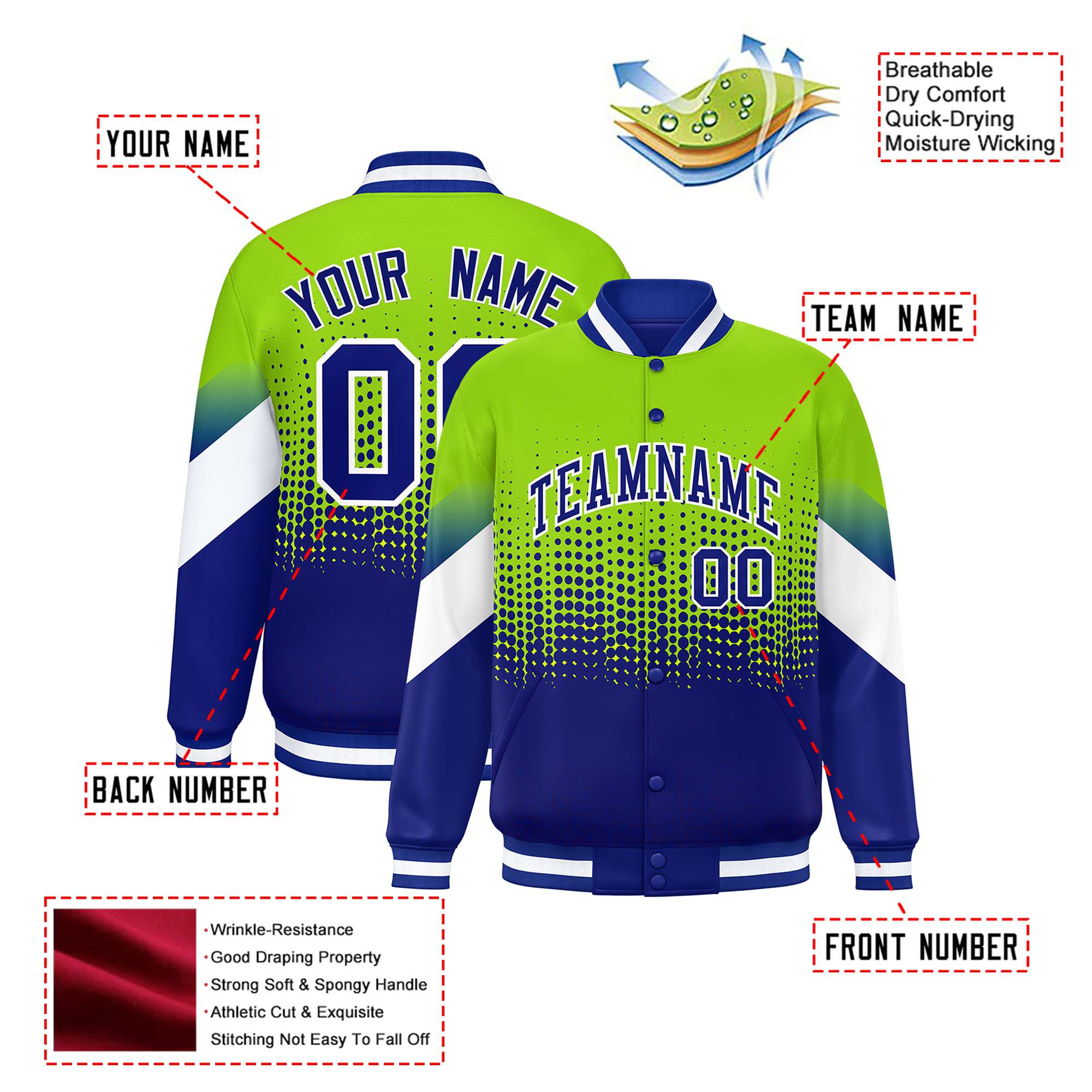 Custom Neon Green Royal Blue Gradient Varsity Full-Snap Polka Dot Pattern Letterman Baseball Jacket