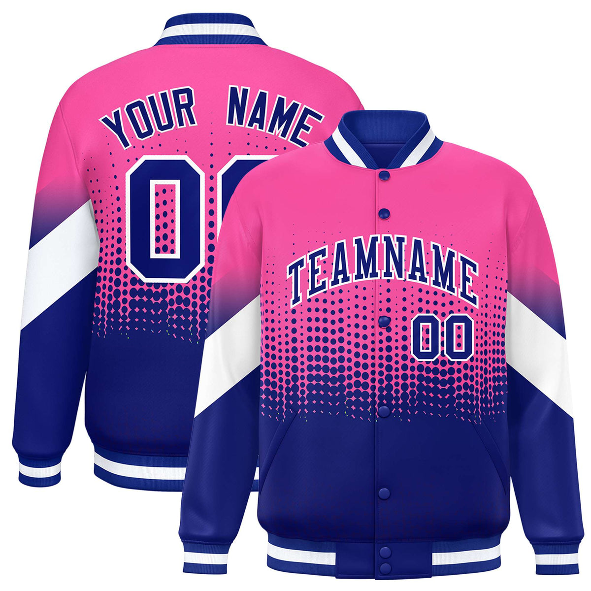 Custom Pink Royal Blue Gradient Varsity Full-Snap Polka Dot Pattern Letterman Baseball Jacket