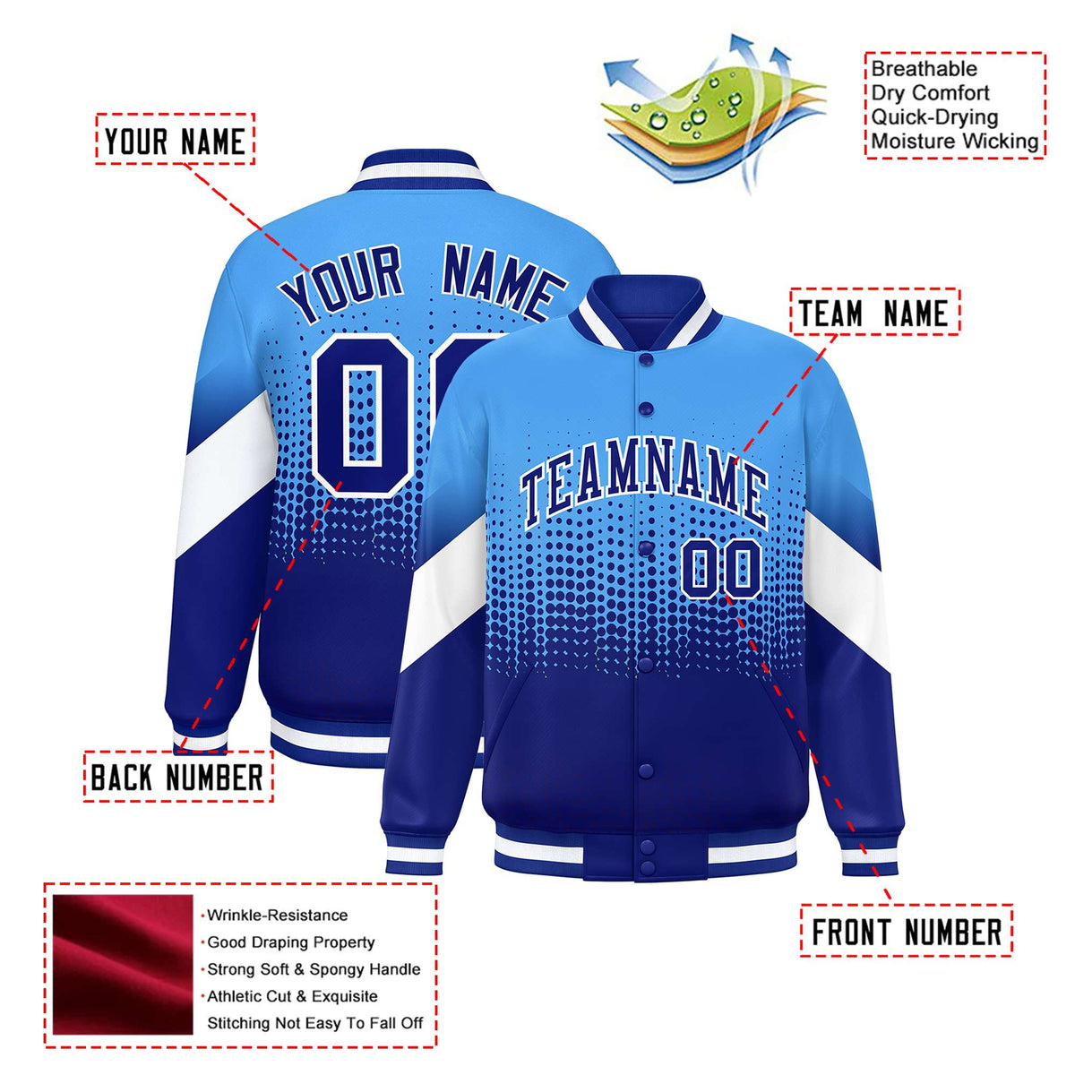 Custom Powder Blue Royal Blue Gradient Varsity Full-Snap Polka Dot Pattern Letterman Baseball Jacket