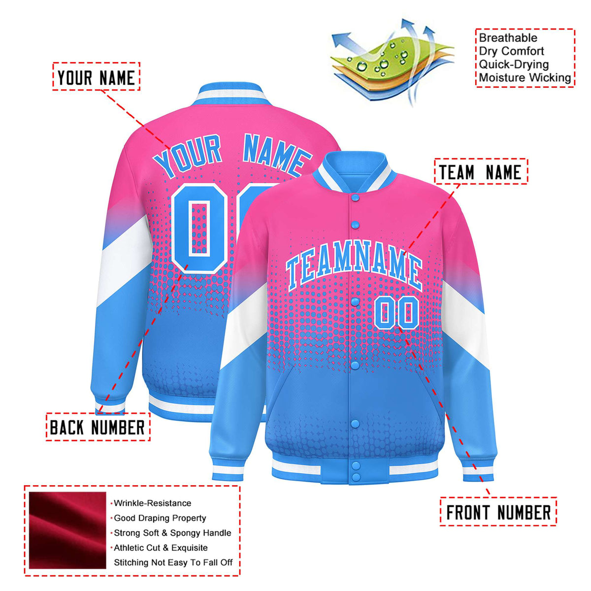 Custom Pink Powder Blue Gradient Varsity Full-Snap Polka Dot Pattern Letterman Baseball Jacket