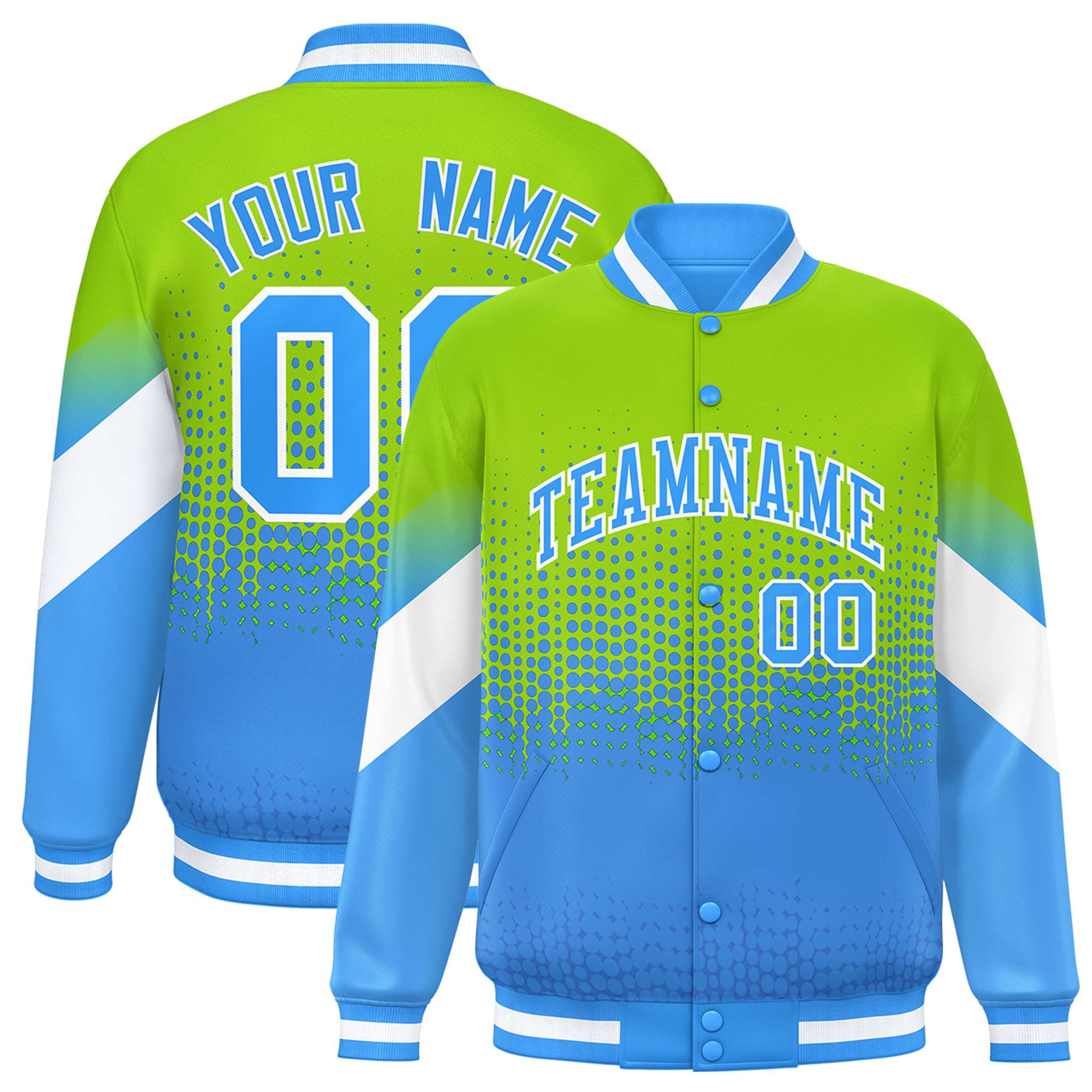 Custom Neon Green Powder Blue Gradient Varsity Full-Snap Polka Dot Pattern Letterman Baseball Jacket