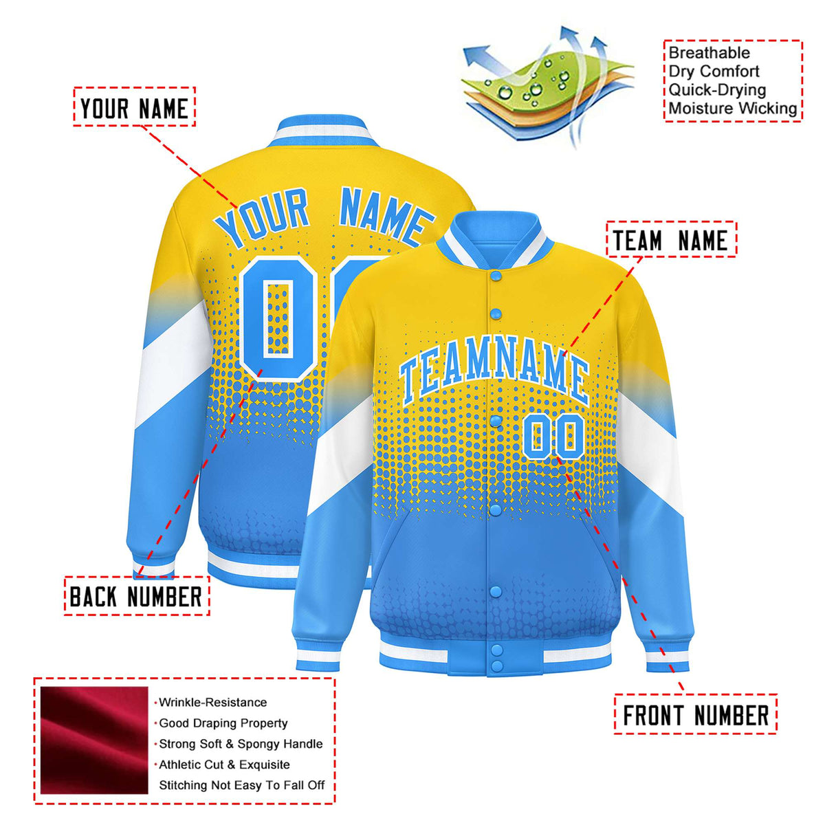 Custom Gold Powder Blue Gradient Varsity Full-Snap Polka Dot Pattern Letterman Baseball Jacket
