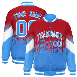Custom Red Powder Blue Gradient Varsity Full-Snap Polka Dot Pattern Letterman Baseball Jacket - Style 1