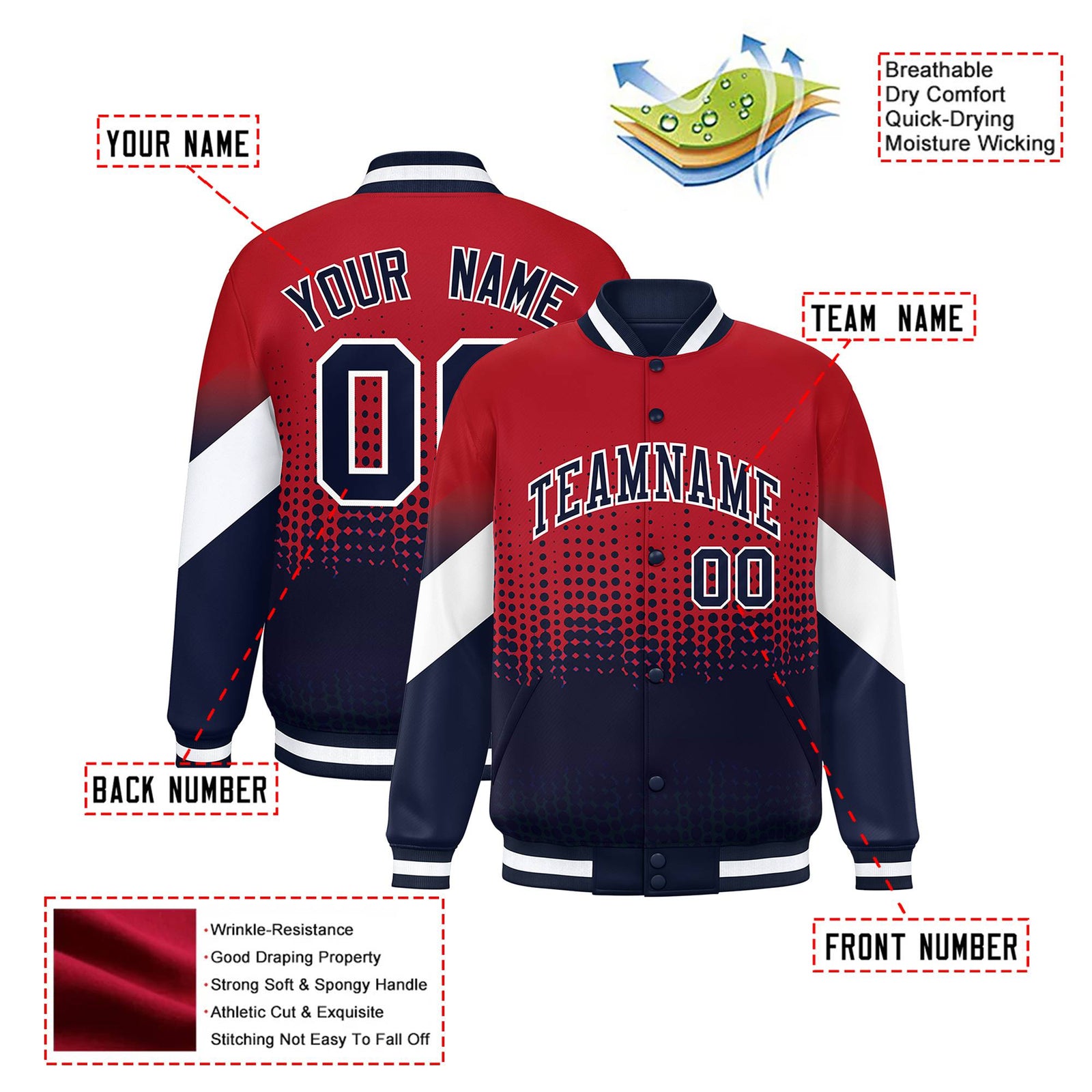 Custom Red Navy Gradient Varsity Full-Snap Polka Dot Pattern Letterman Baseball Jacket