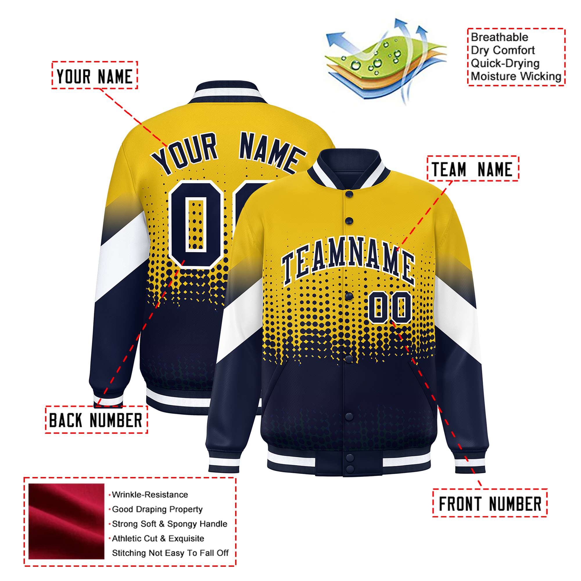 Custom Yellow Navy Gradient Varsity Full-Snap Polka Dot Pattern Letterman Baseball Jacket