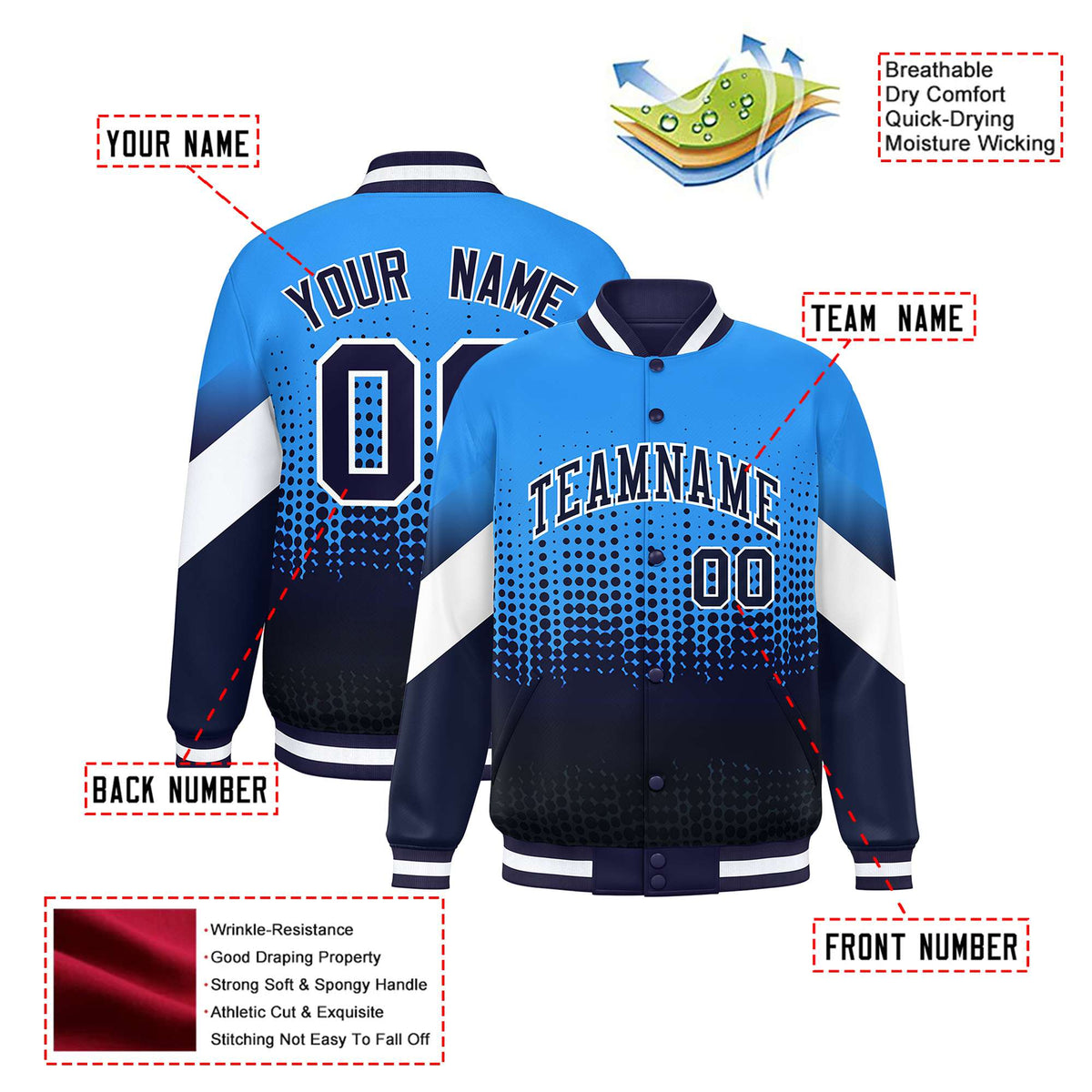 Custom Powder Blue Navy Gradient Varsity Full-Snap Polka Dot Pattern Letterman Baseball Jacket