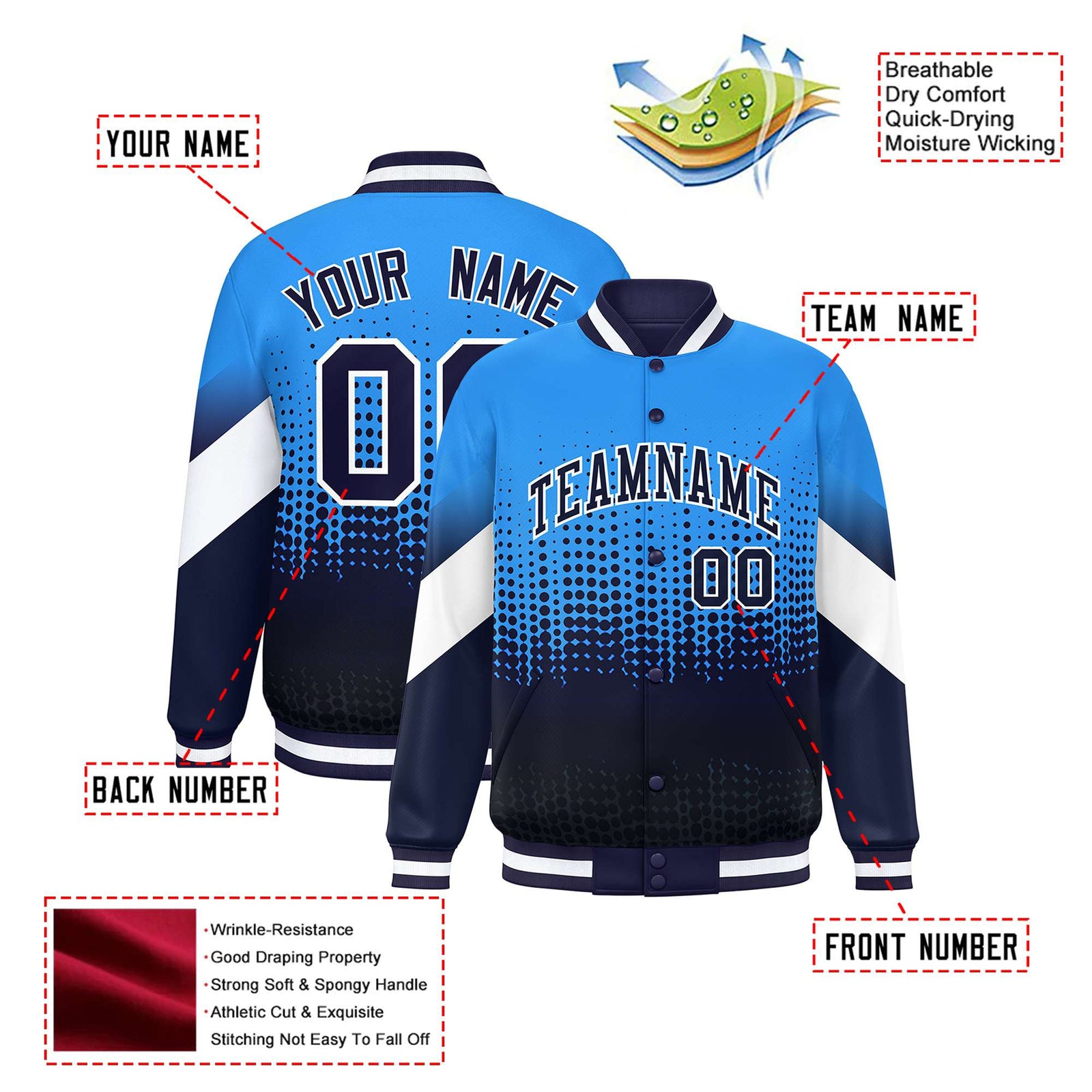 Custom Powder Blue Navy Gradient Varsity Full-Snap Polka Dot Pattern Letterman Baseball Jacket