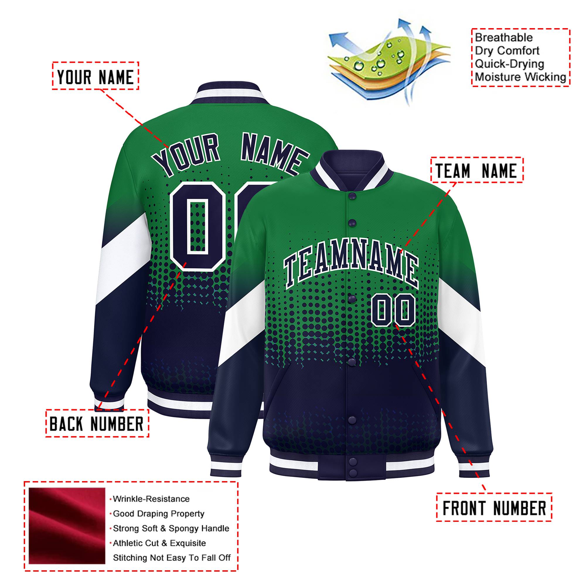 Custom Kelly Green Navy Gradient Varsity Full-Snap Polka Dot Pattern Letterman Baseball Jacket