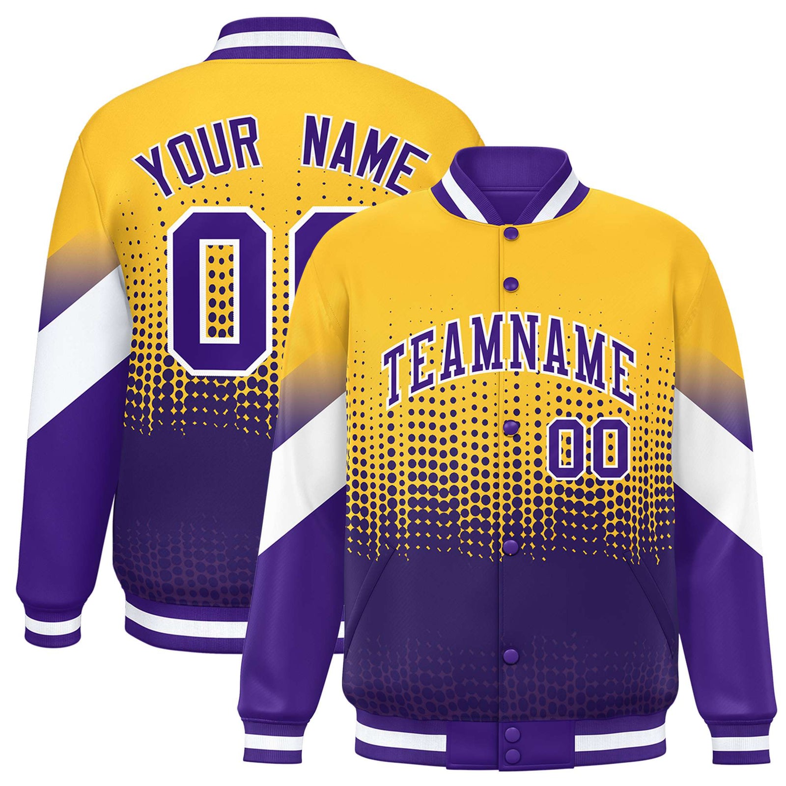 Custom Yellow Purple Gradient Varsity Full-Snap Polka Dot Pattern Letterman Baseball Jacket