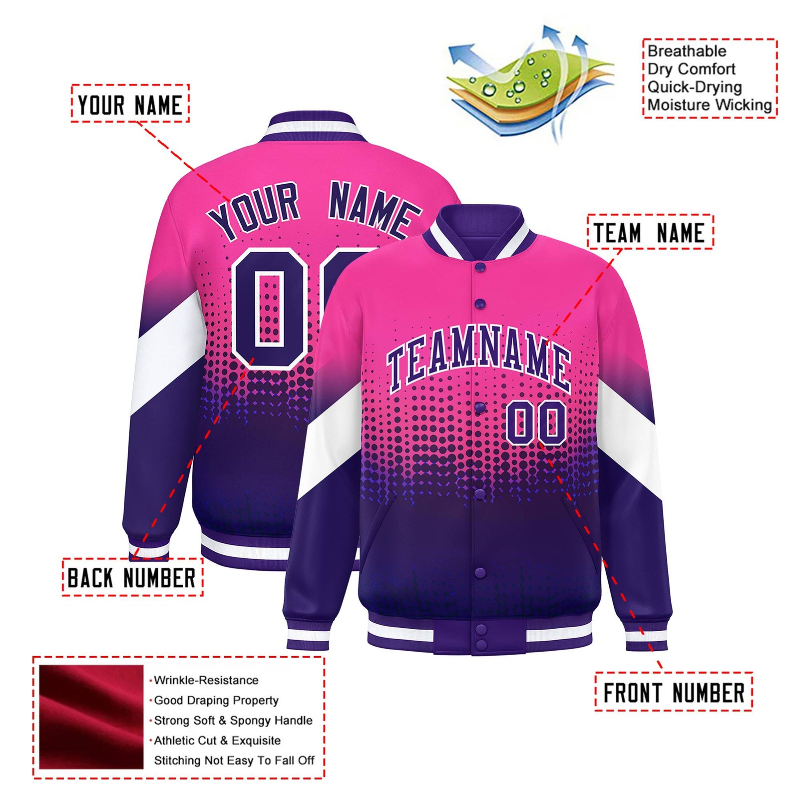 Custom Pink Purple Gradient Varsity Full-Snap Polka Dot Pattern Letterman Baseball Jacket