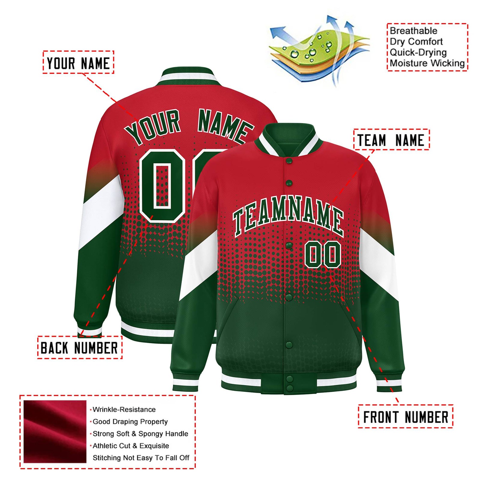 Custom Red Green Gradient Varsity Full-Snap Polka Dot Pattern Letterman Baseball Jacket