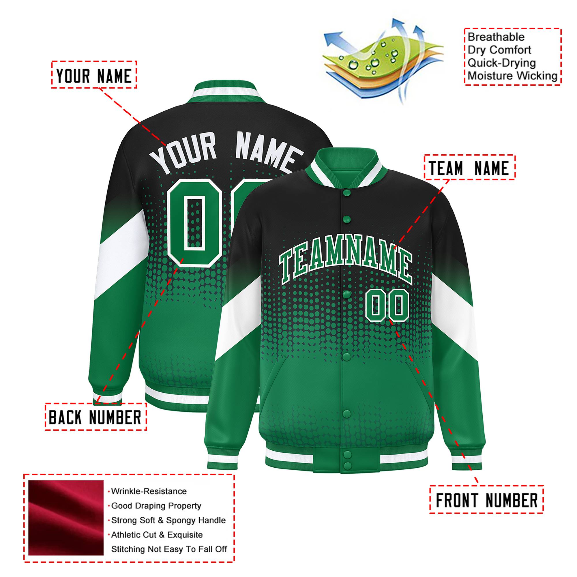 Custom Black Green Gradient Varsity Full-Snap Polka Dot Pattern Letterman Baseball Jacket