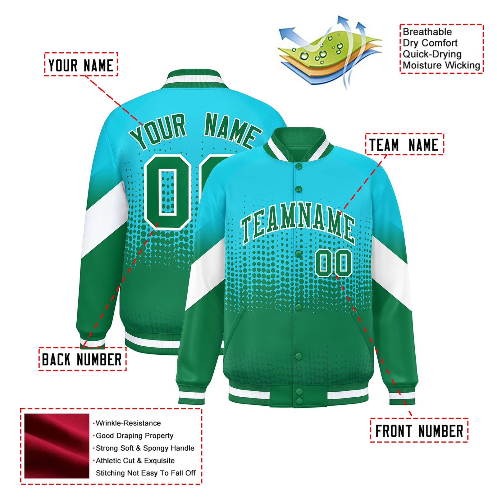 Custom Sky Blue Kelly Green Gradient Varsity Full-Snap Polka Dot Pattern Letterman Baseball Jacket