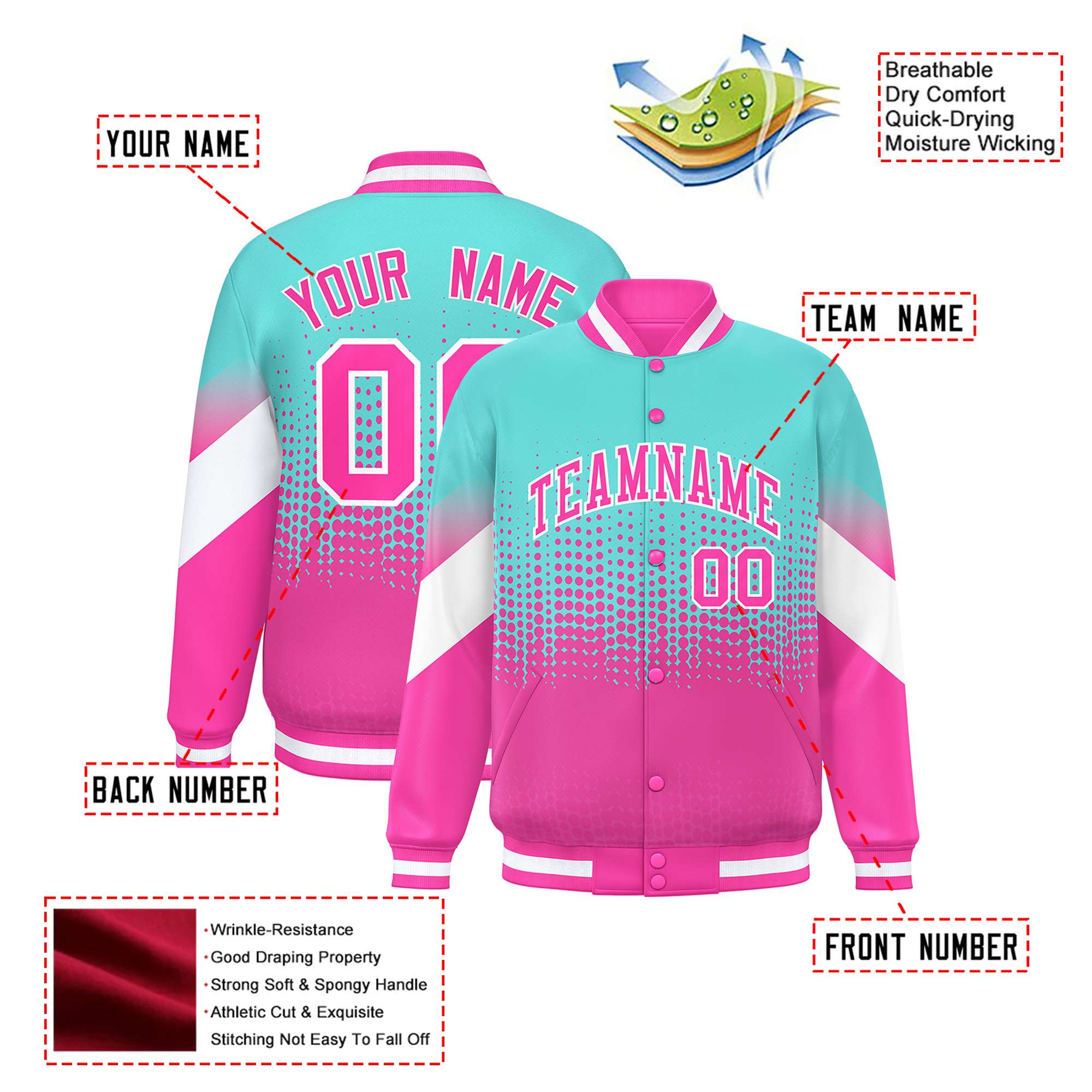 Custom Aqua Pink Gradient Varsity Full-Snap Polka Dot Pattern Letterman Baseball Jacket