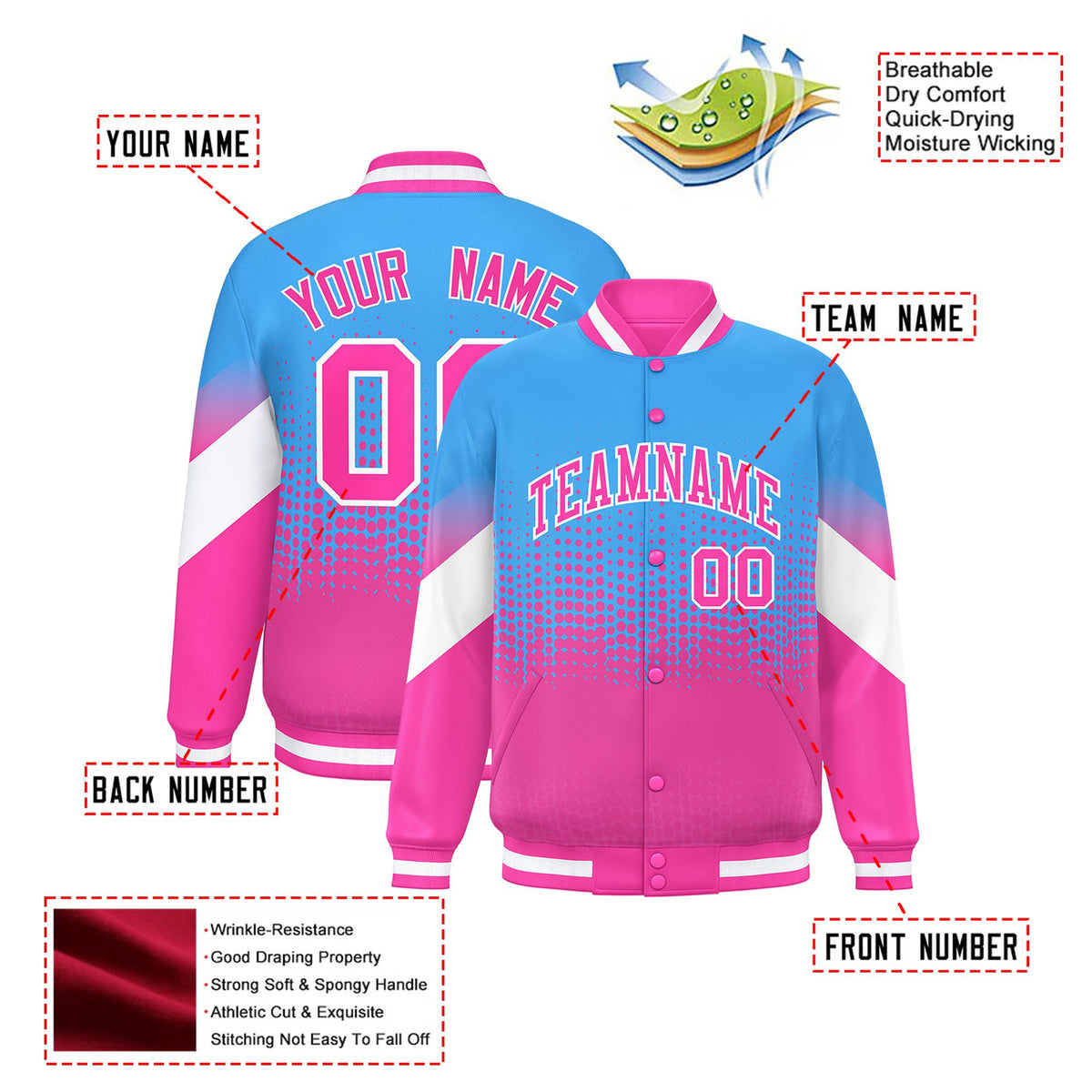 Custom Powder Blue Pink Gradient Varsity Full-Snap Polka Dot Pattern Letterman Baseball Jacket