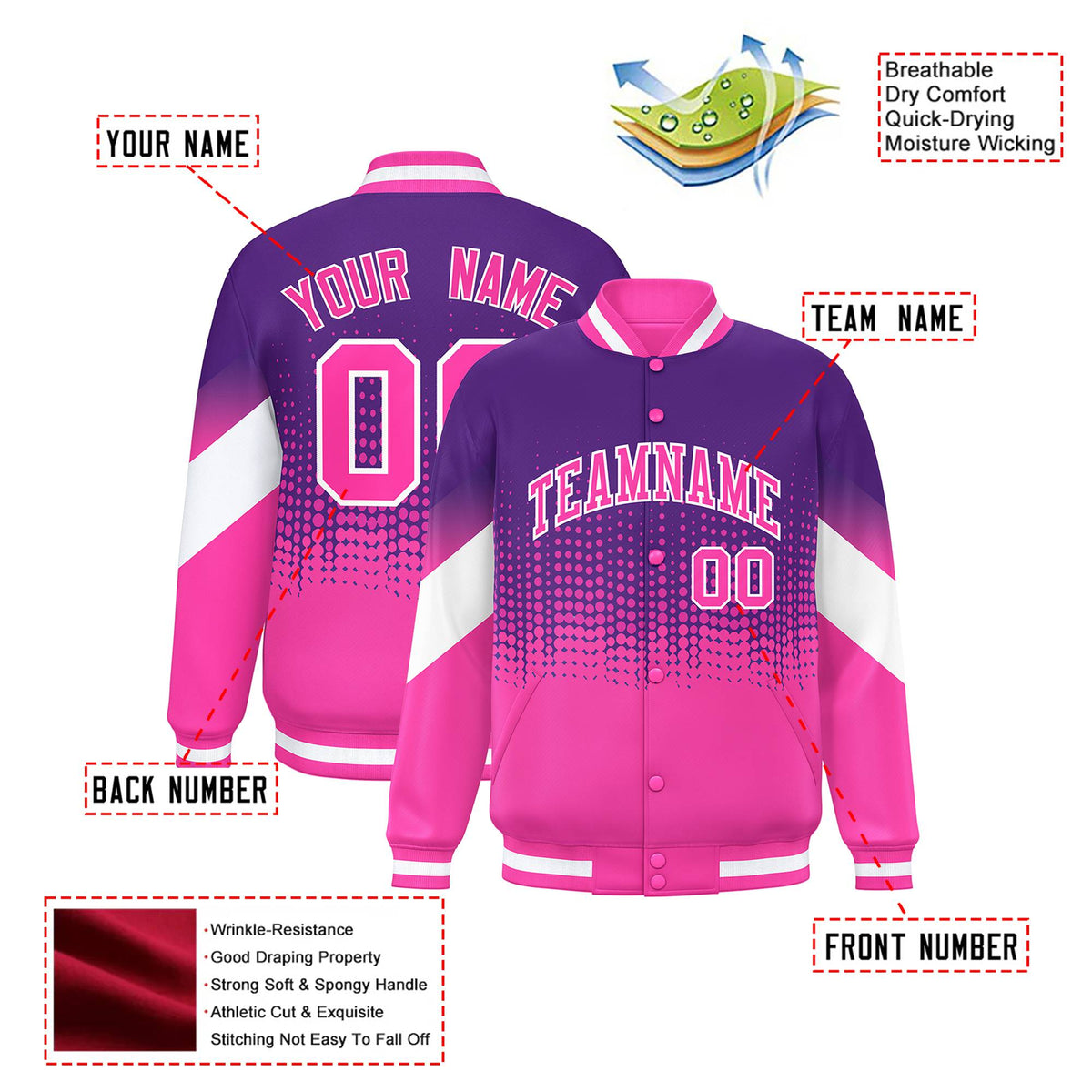 Custom Purple Pink Gradient Varsity Full-Snap Polka Dot Pattern Letterman Baseball Jacket