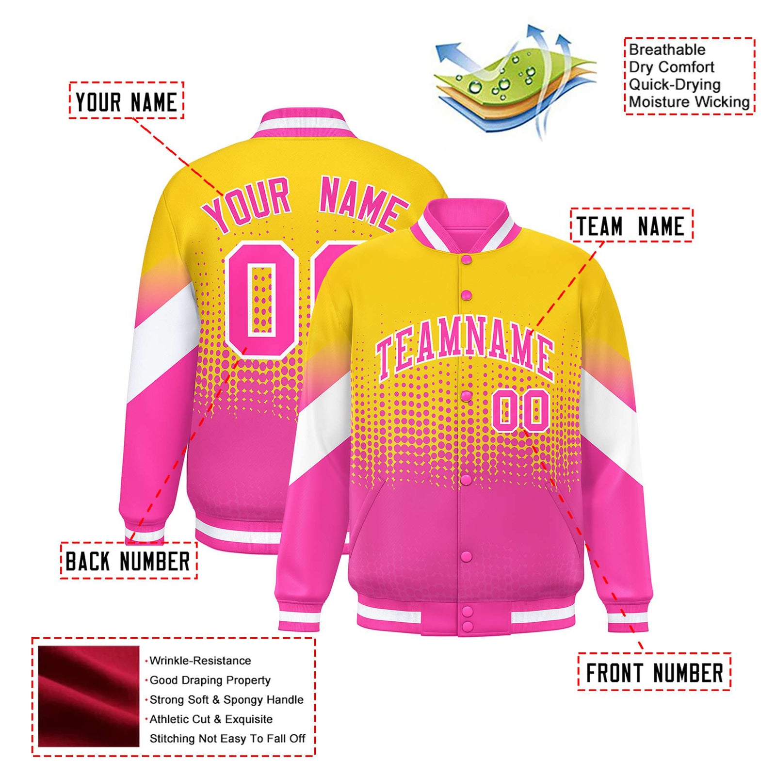 Custom Yellow Pink Gradient Varsity Full-Snap Polka Dot Pattern Letterman Baseball Jacket