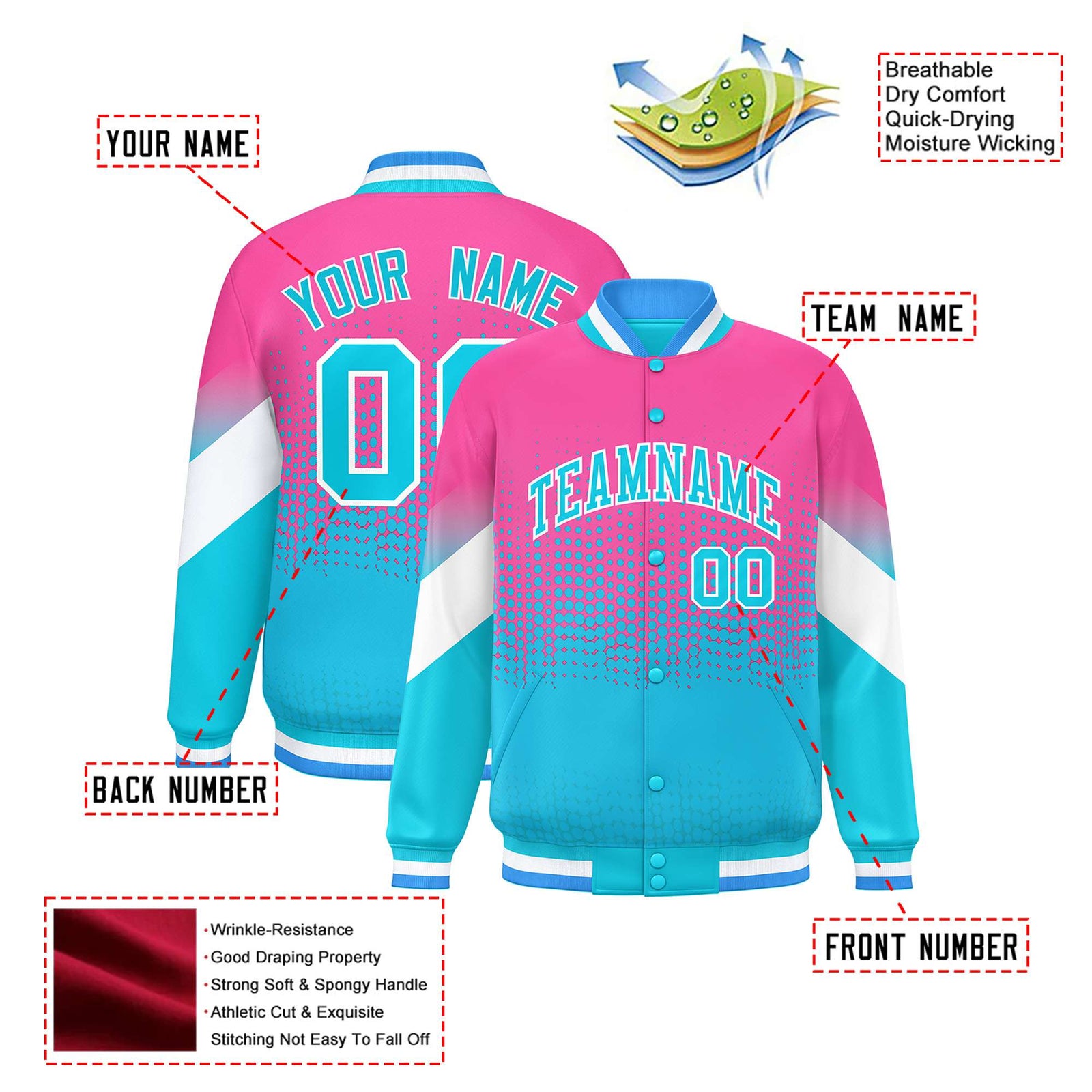 Custom Pink Sky Blue Gradient Varsity Full-Snap Polka Dot Pattern Letterman Baseball Jacket