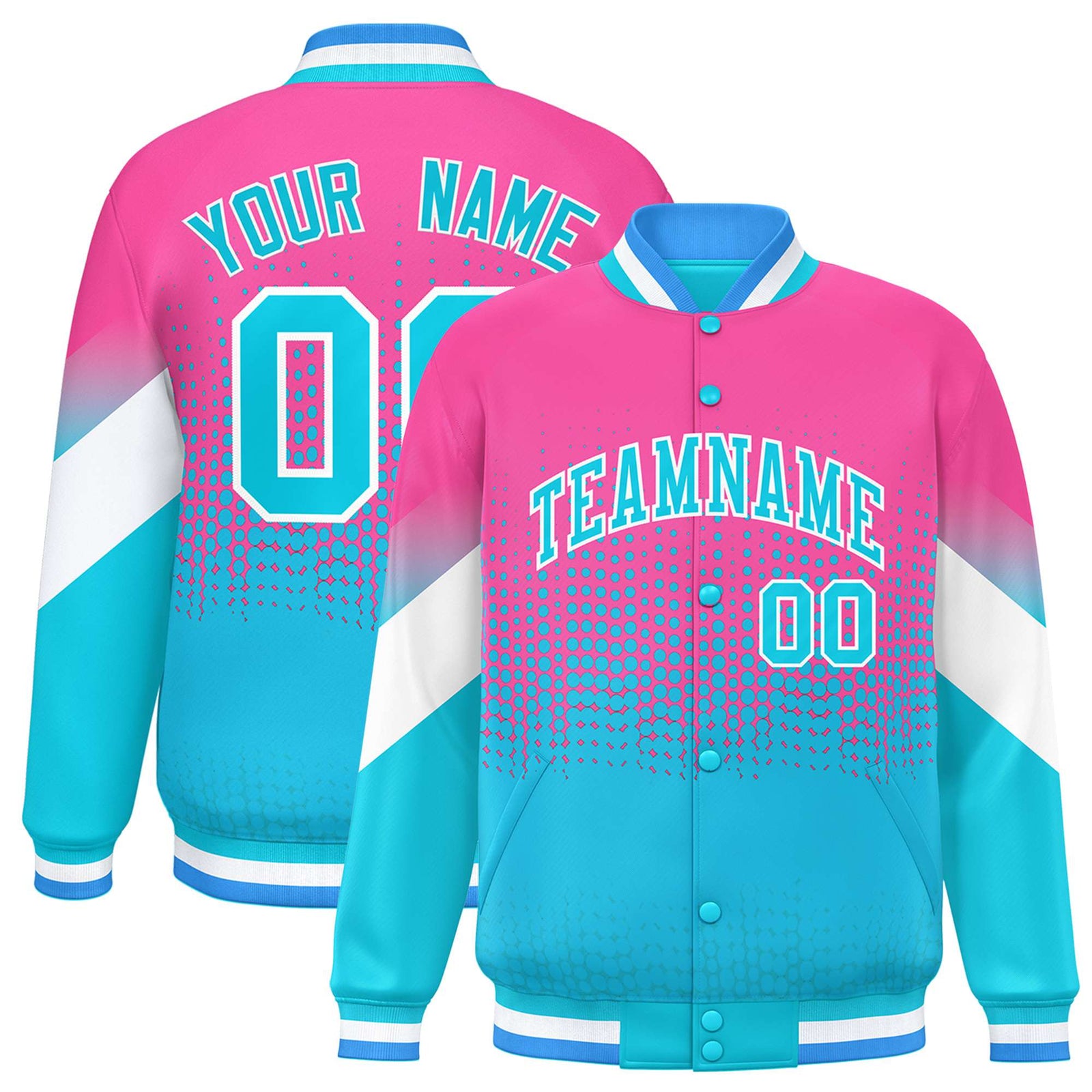 Custom Pink Sky Blue Gradient Varsity Full-Snap Polka Dot Pattern Letterman Baseball Jacket