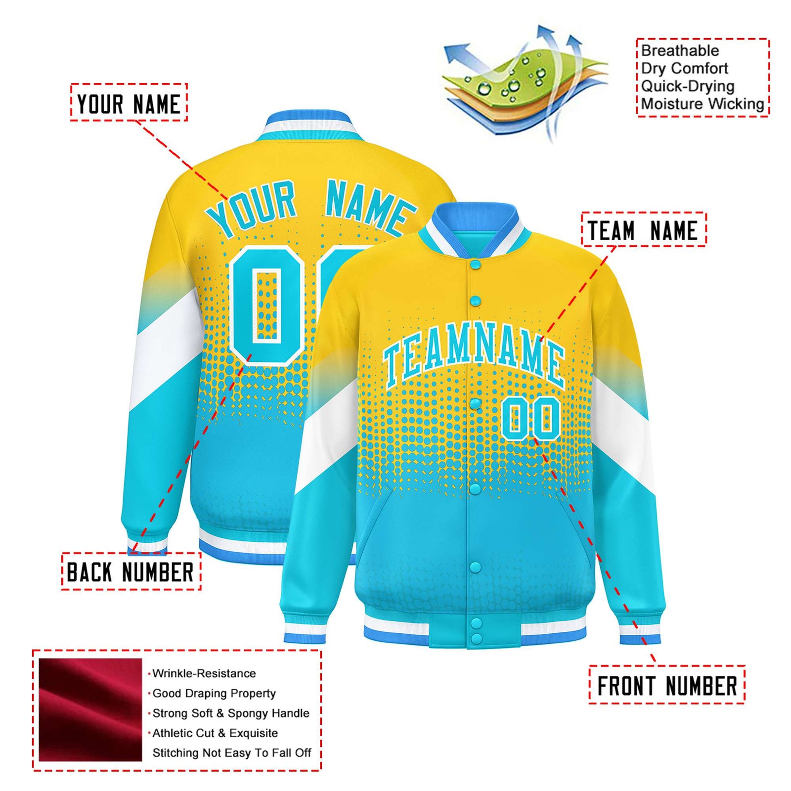 Custom Gold Sky Blue Gradient Varsity Full-Snap Polka Dot Pattern Letterman Baseball Jacket