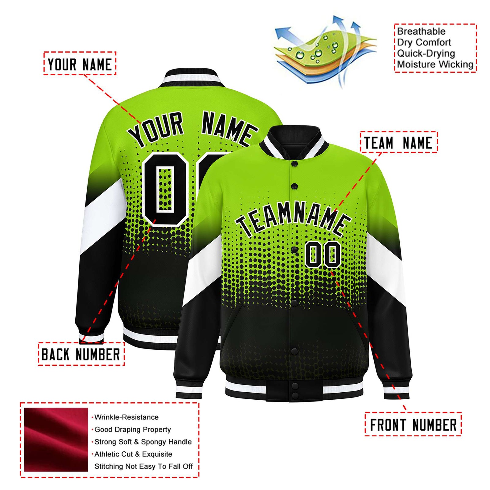 Custom Neon Green Black Gradient Varsity Full-Snap Polka Dot Pattern Letterman Baseball Jacket