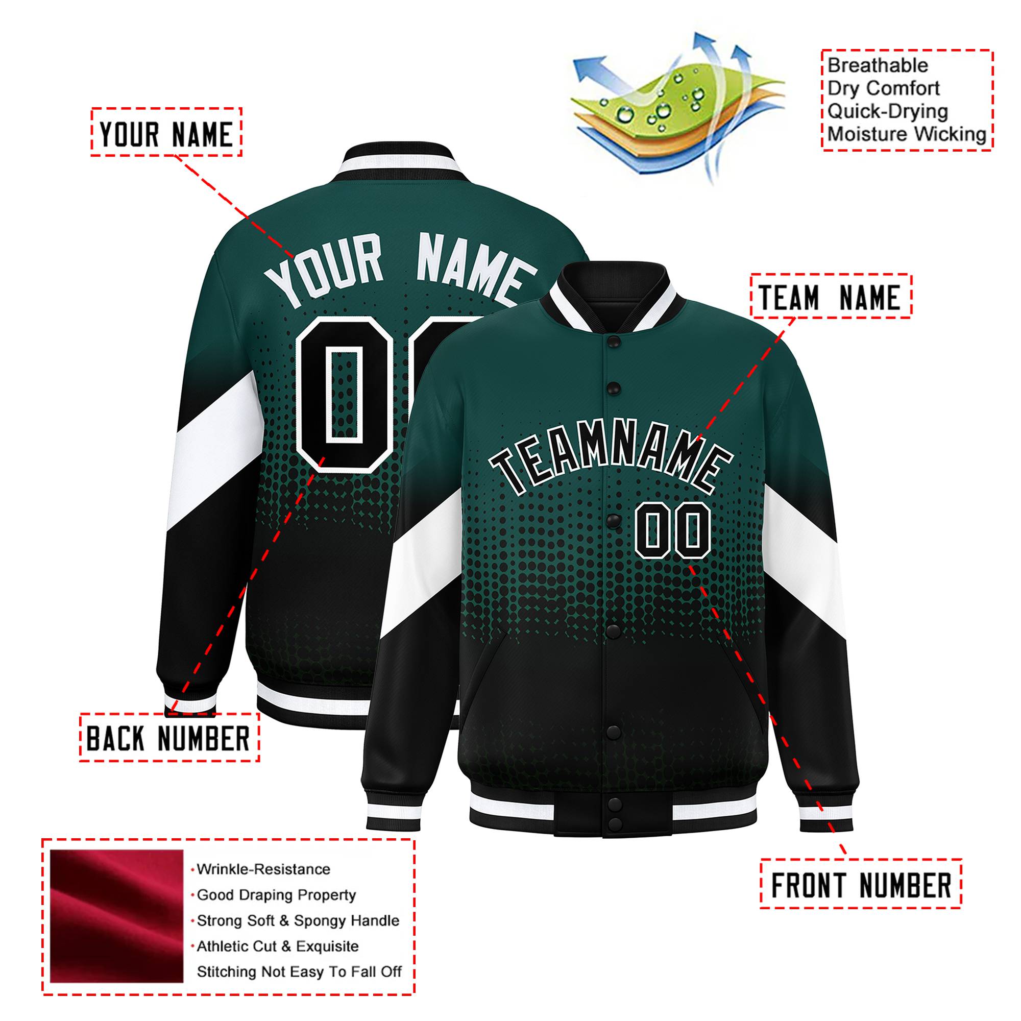 Custom Green Black Gradient Varsity Full-Snap Polka Dot Pattern Letterman Baseball Jacket