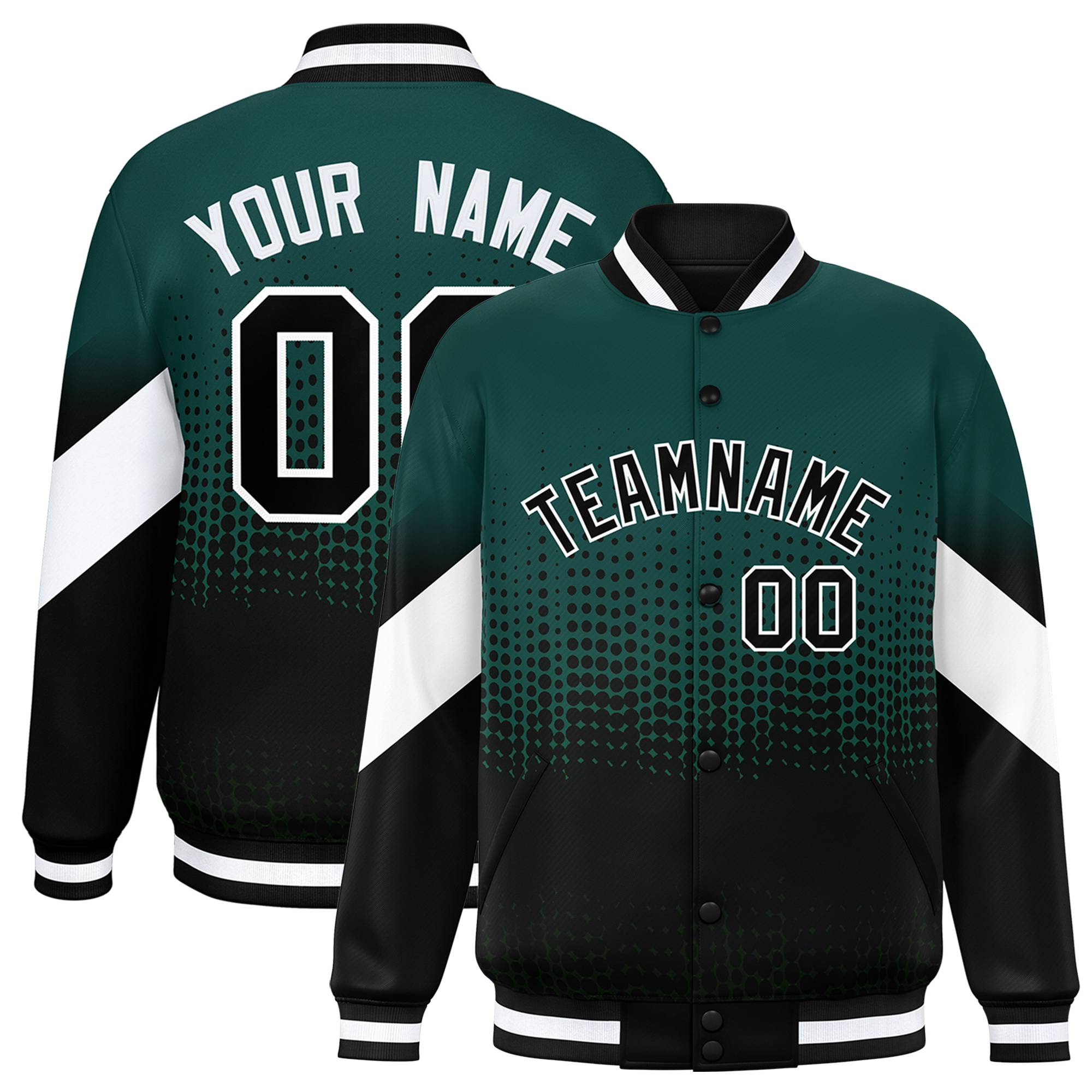 Custom Green Black Gradient Varsity Full-Snap Polka Dot Pattern Letterman Baseball Jacket