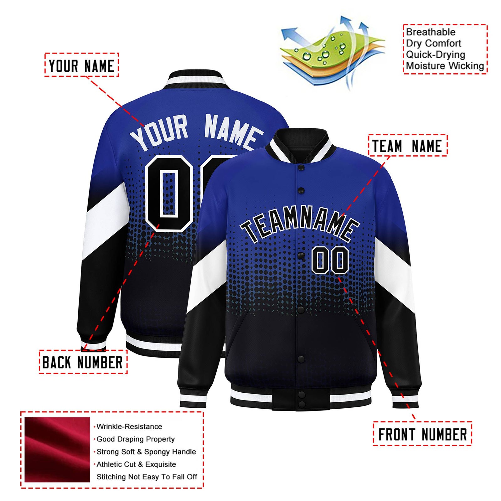 Custom Royal Blue Black Gradient Varsity Full-Snap Polka Dot Pattern Letterman Baseball Jacket