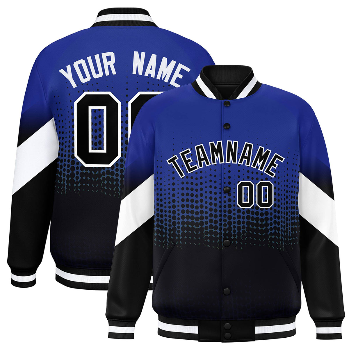 Custom Royal Blue Black Gradient Varsity Full-Snap Polka Dot Pattern Letterman Baseball Jacket