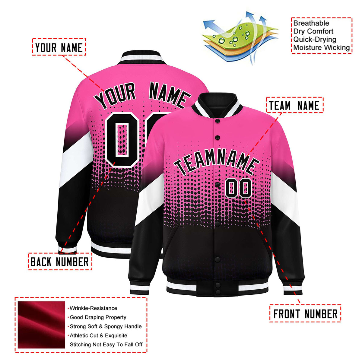 Custom Pink Black Gradient Varsity Full-Snap Polka Dot Pattern Letterman Baseball Jacket