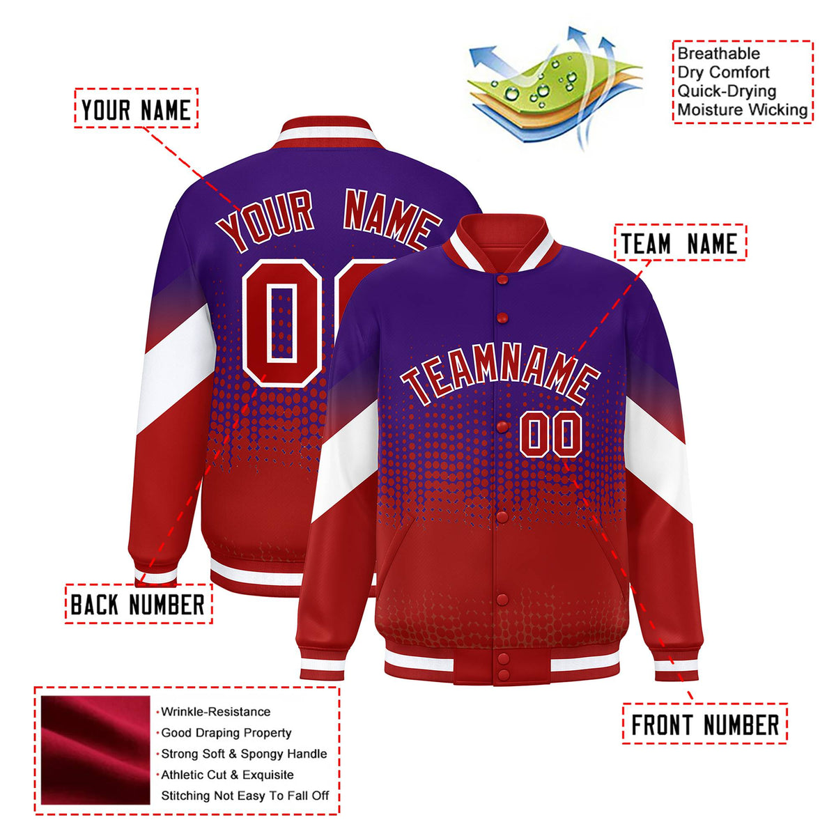 Custom Purple Red Gradient Varsity Full-Snap Polka Dot Pattern Letterman Baseball Jacket
