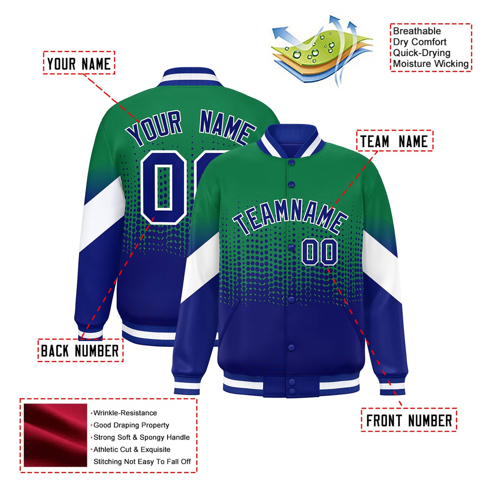 Custom Kelly Green Royal Blue Gradient Varsity Full-Snap Polka Dot Pattern Letterman Baseball Jacket