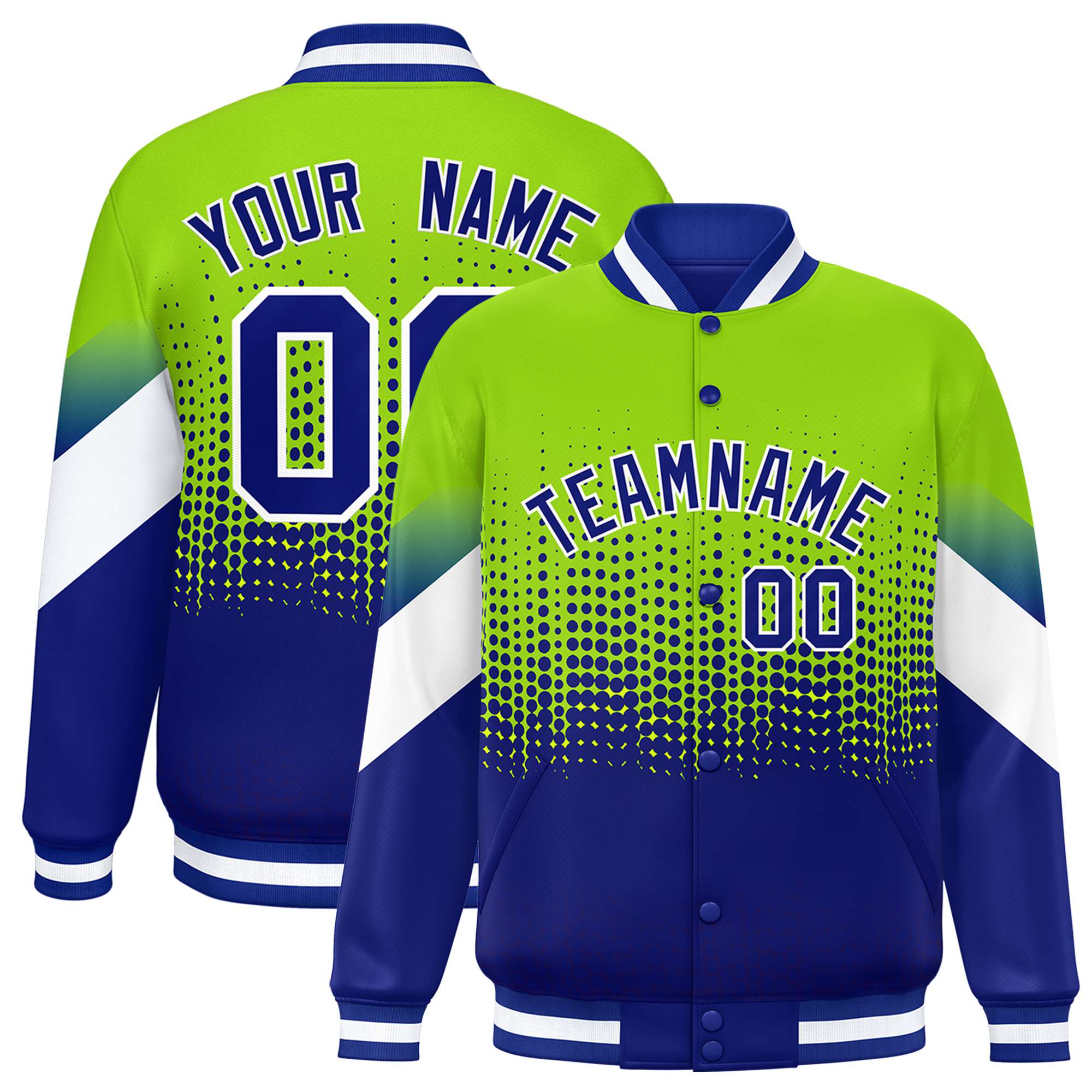 Custom Neon Green Royal Blue Gradient Varsity Full-Snap Polka Dot Pattern Letterman Baseball Jacket