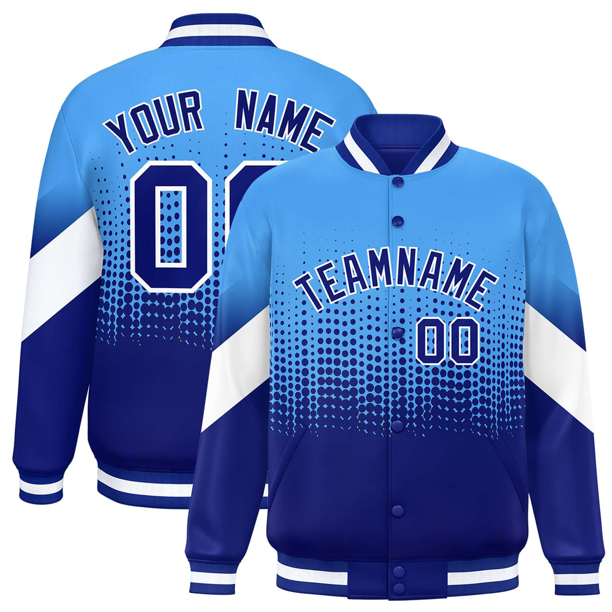 Custom Powder Blue Royal Blue Gradient Varsity Full-Snap Polka Dot Pattern Letterman Baseball Jacket