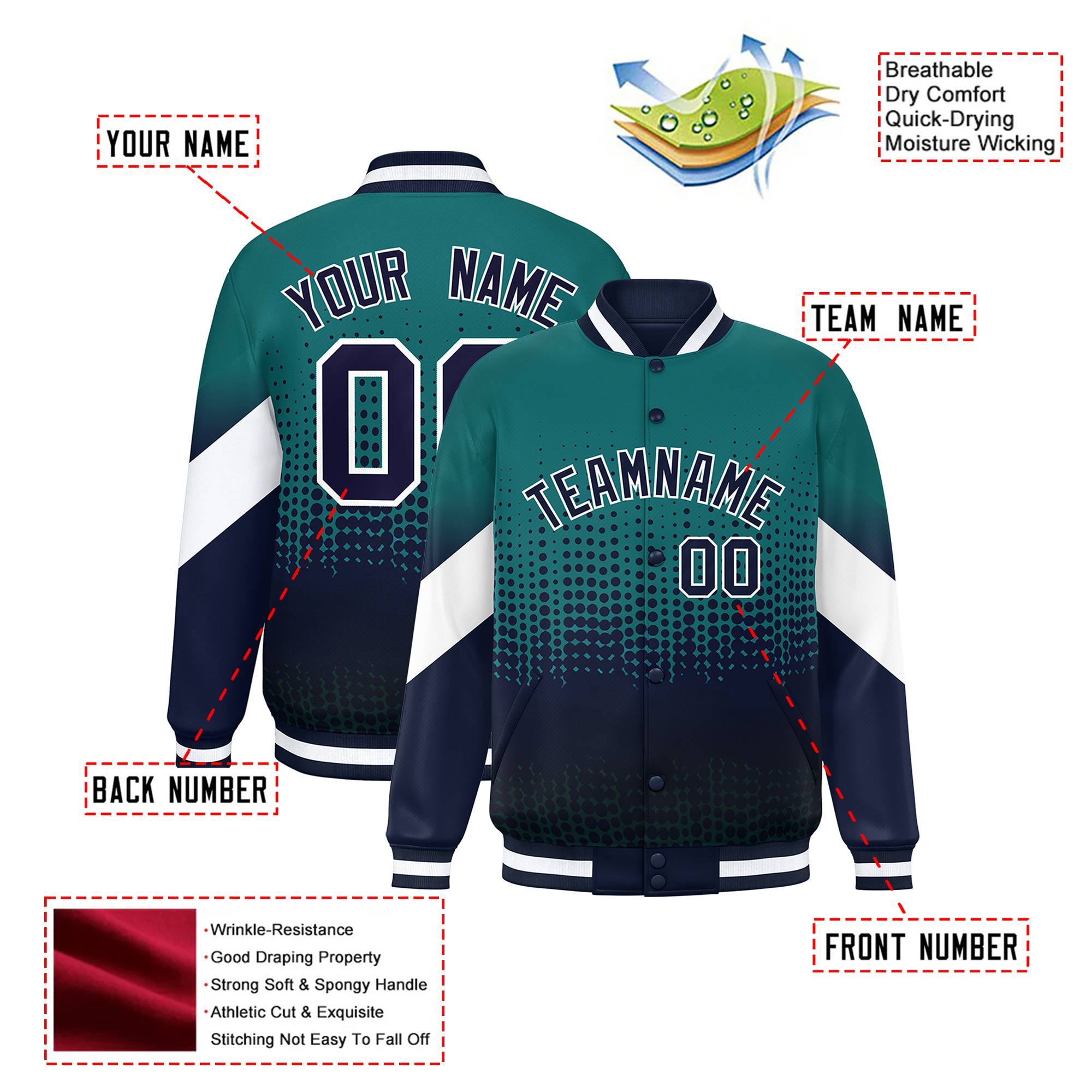 Custom Aqua Navy Gradient Varsity Full-Snap Polka Dot Pattern Letterman Baseball Jacket