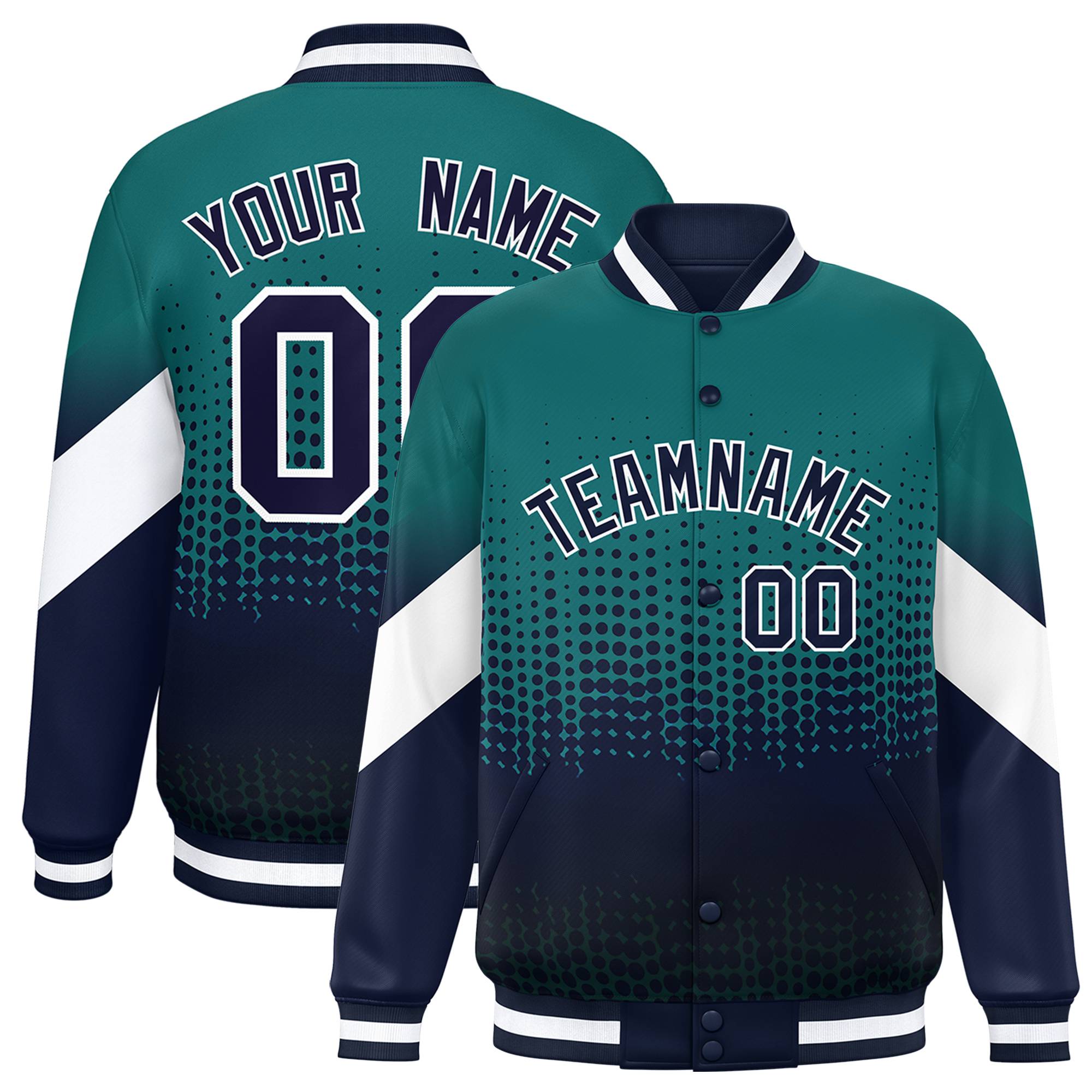 Custom Aqua Navy Gradient Varsity Full-Snap Polka Dot Pattern Letterman Baseball Jacket