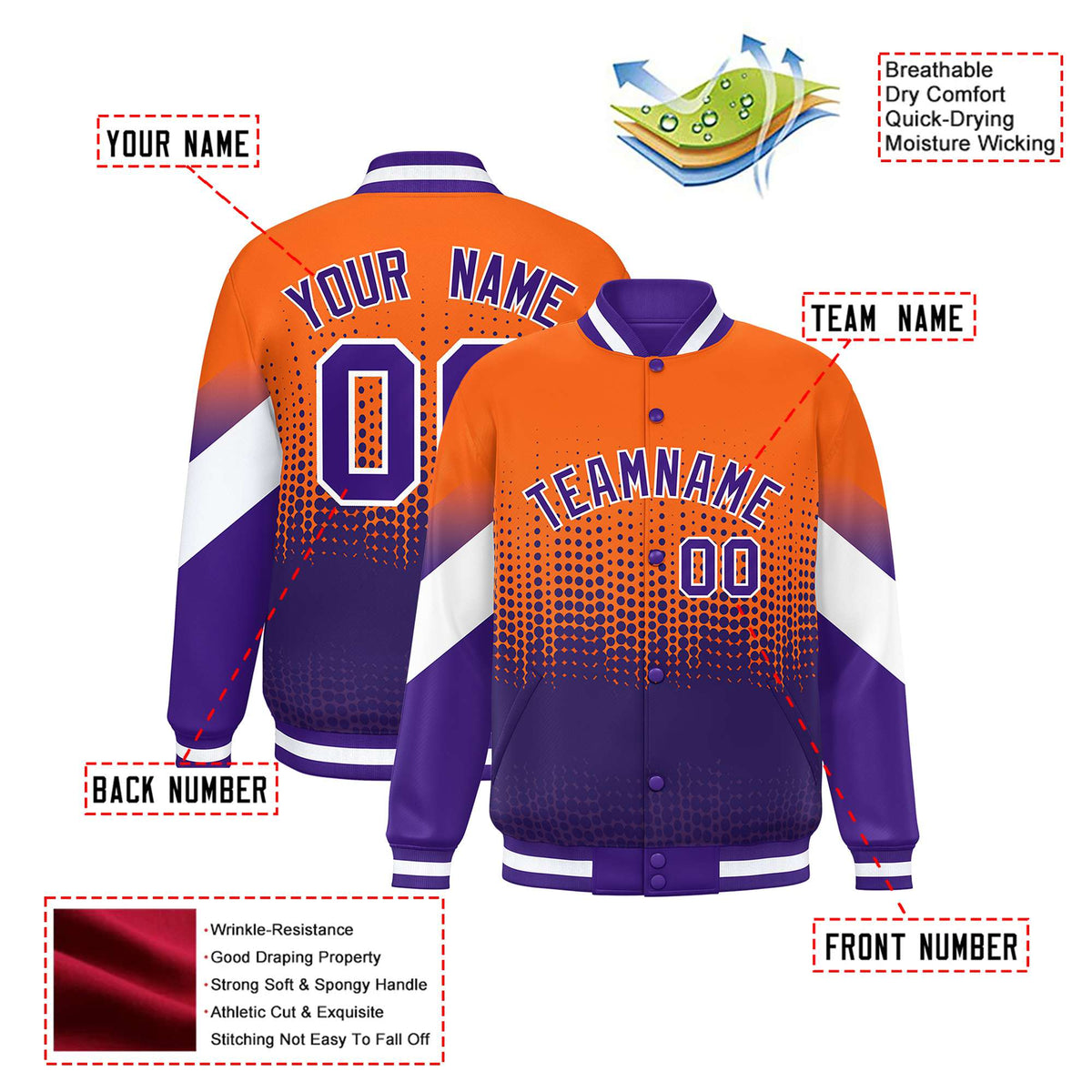 Custom Orange Purple Gradient Varsity Full-Snap Polka Dot Pattern Letterman Baseball Jacket