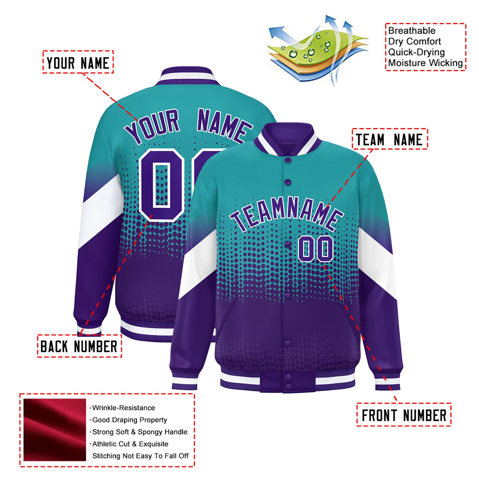 Custom Aqua Purple Gradient Varsity Full-Snap Polka Dot Pattern Letterman Baseball Jacket