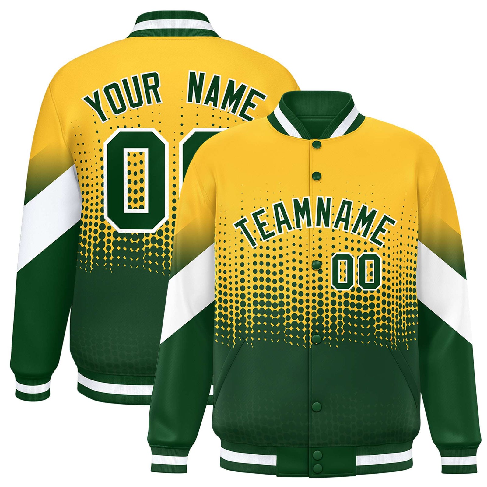 Custom Yellow Green Gradient Varsity Full-Snap Polka Dot Pattern Letterman Baseball Jacket