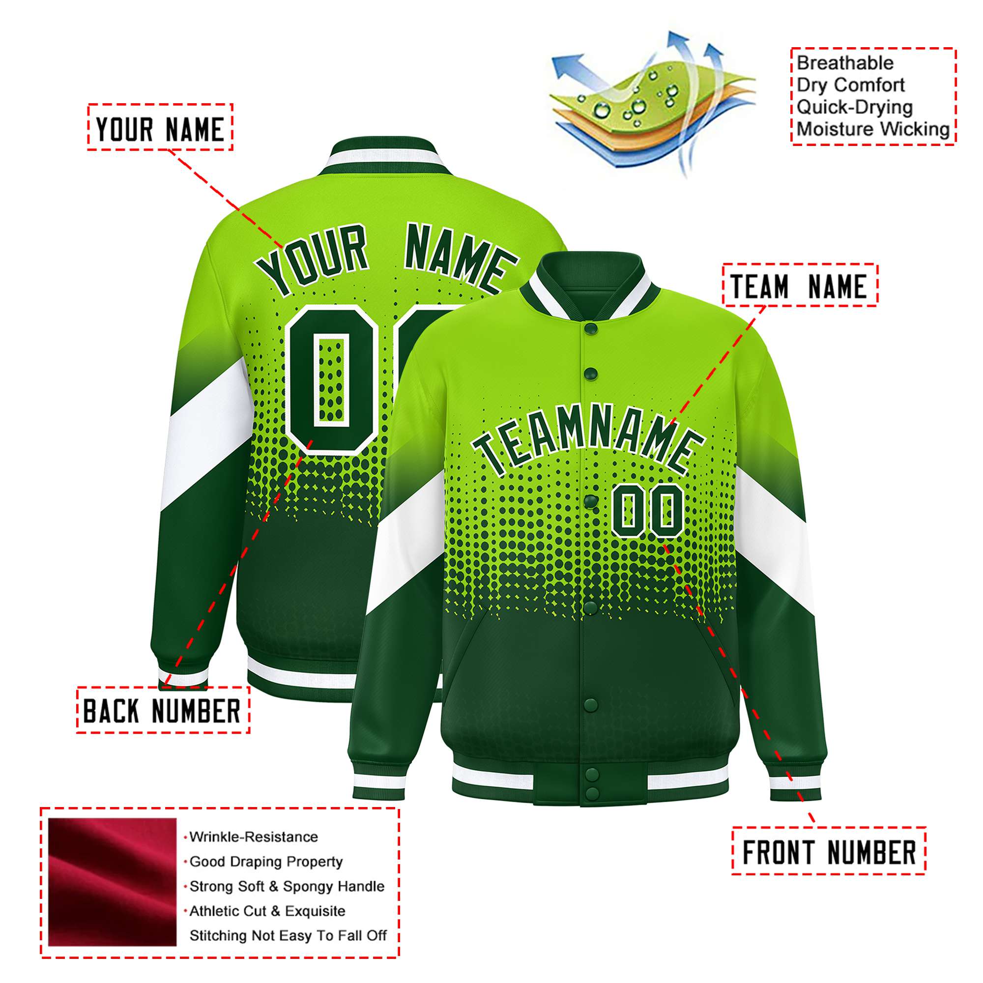 Custom Neon Green- Green Gradient Varsity Full-Snap Polka Dot Pattern Letterman Baseball Jacket