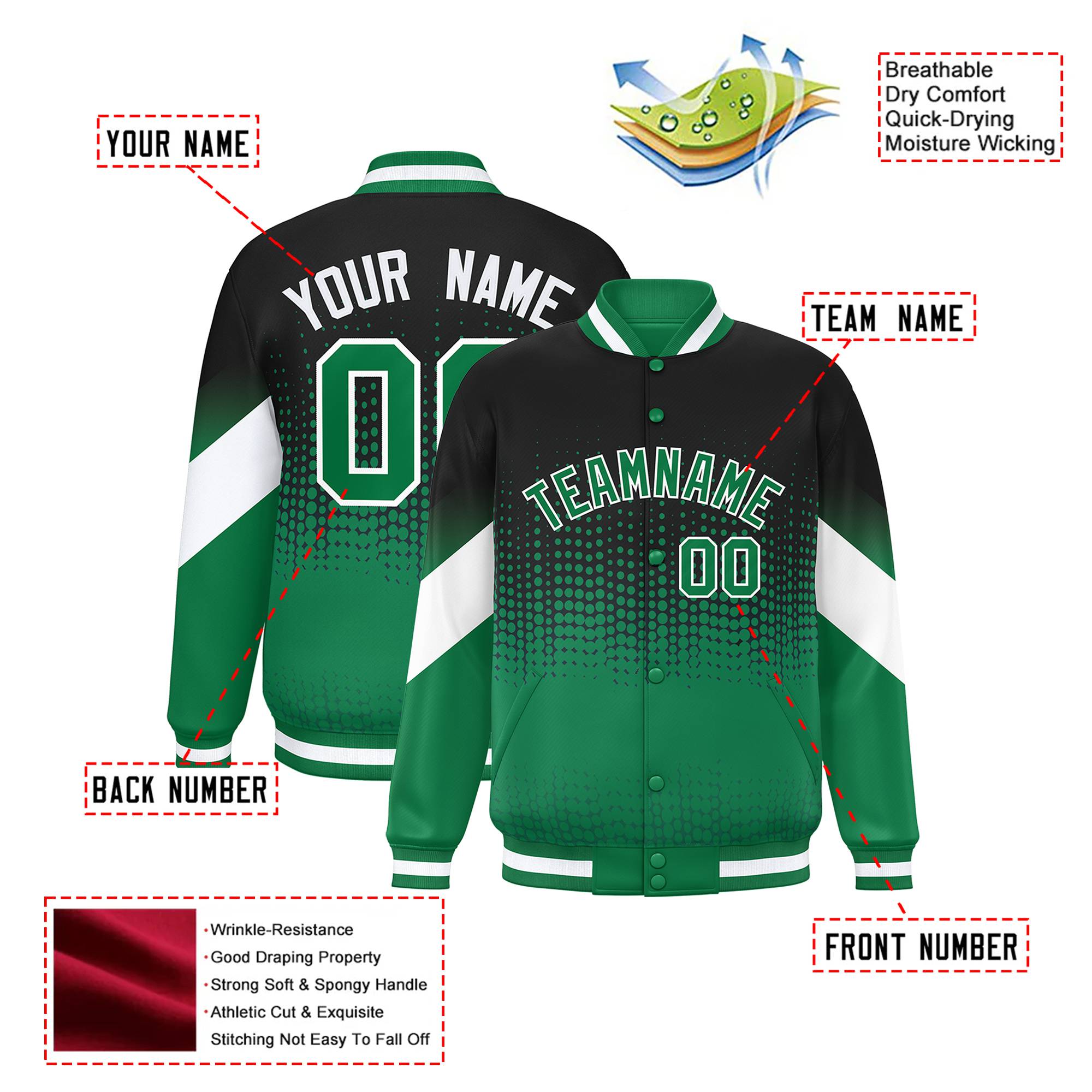 Custom Black Green Gradient Varsity Full-Snap Polka Dot Pattern Letterman Baseball Jacket