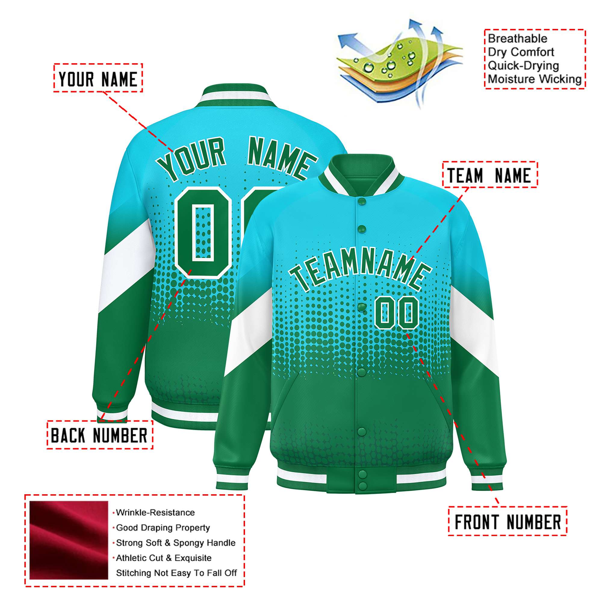 Custom Sky Blue Kelly Green Gradient Varsity Full-Snap Polka Dot Pattern Letterman Baseball Jacket