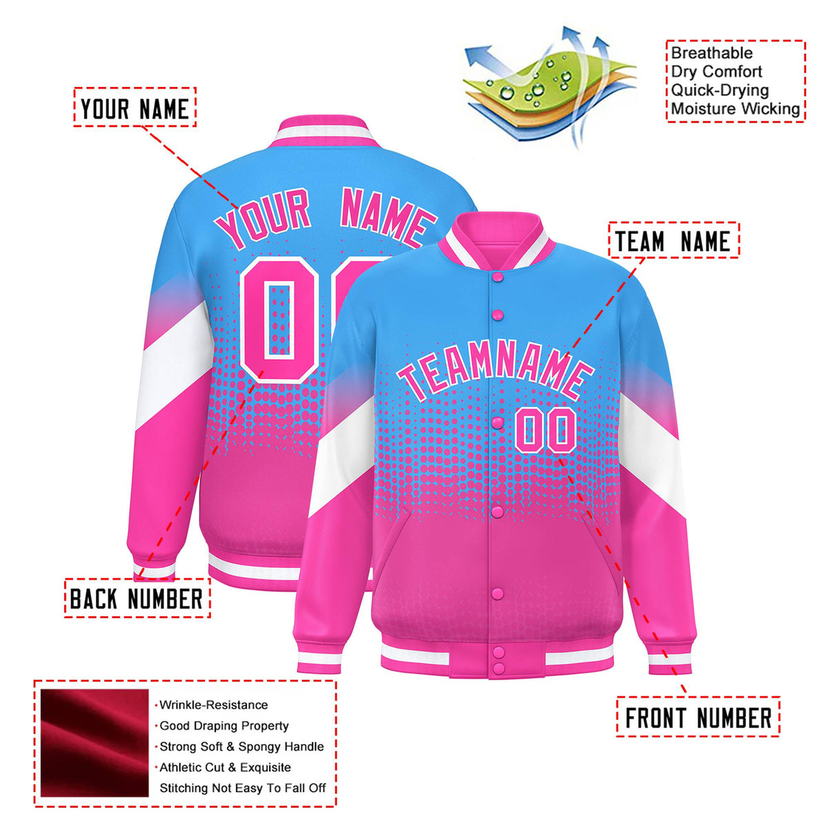 Custom Powder Blue Pink Gradient Varsity Full-Snap Polka Dot Pattern Letterman Baseball Jacket
