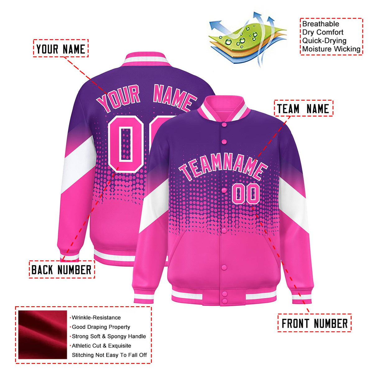 Custom Purple Pink Gradient Varsity Full-Snap Polka Dot Pattern Letterman Baseball Jacket